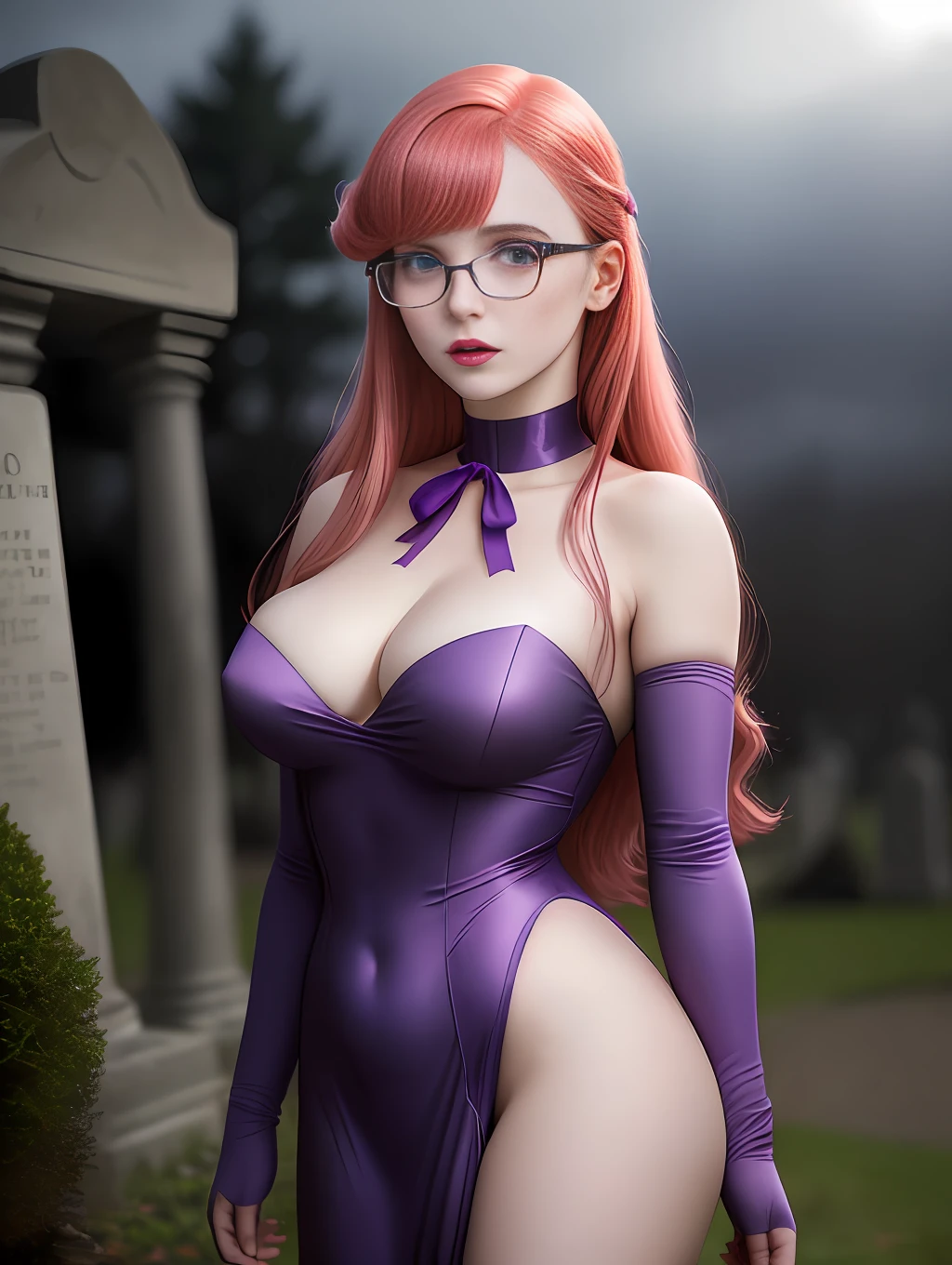 Patrician girl, Daphne Blake from the Scooby Doo anime, western facial features, blue eyes, pink lipstick, natural red hair fulfilled, pink ribbon in the hair, purple dress (crepe), slender and elegant, very sensual, posing for photo, large breasts, innocent look, cute, glasses, short purple glove, cemetery, fog, dark, 3 am, cloudy night, climate of terror,  dawn, crosses, suspense, (masterpiece, blurred background, natural lighting, depth of field, ultra detailed and realistic photography, 100mm lens), portrait style