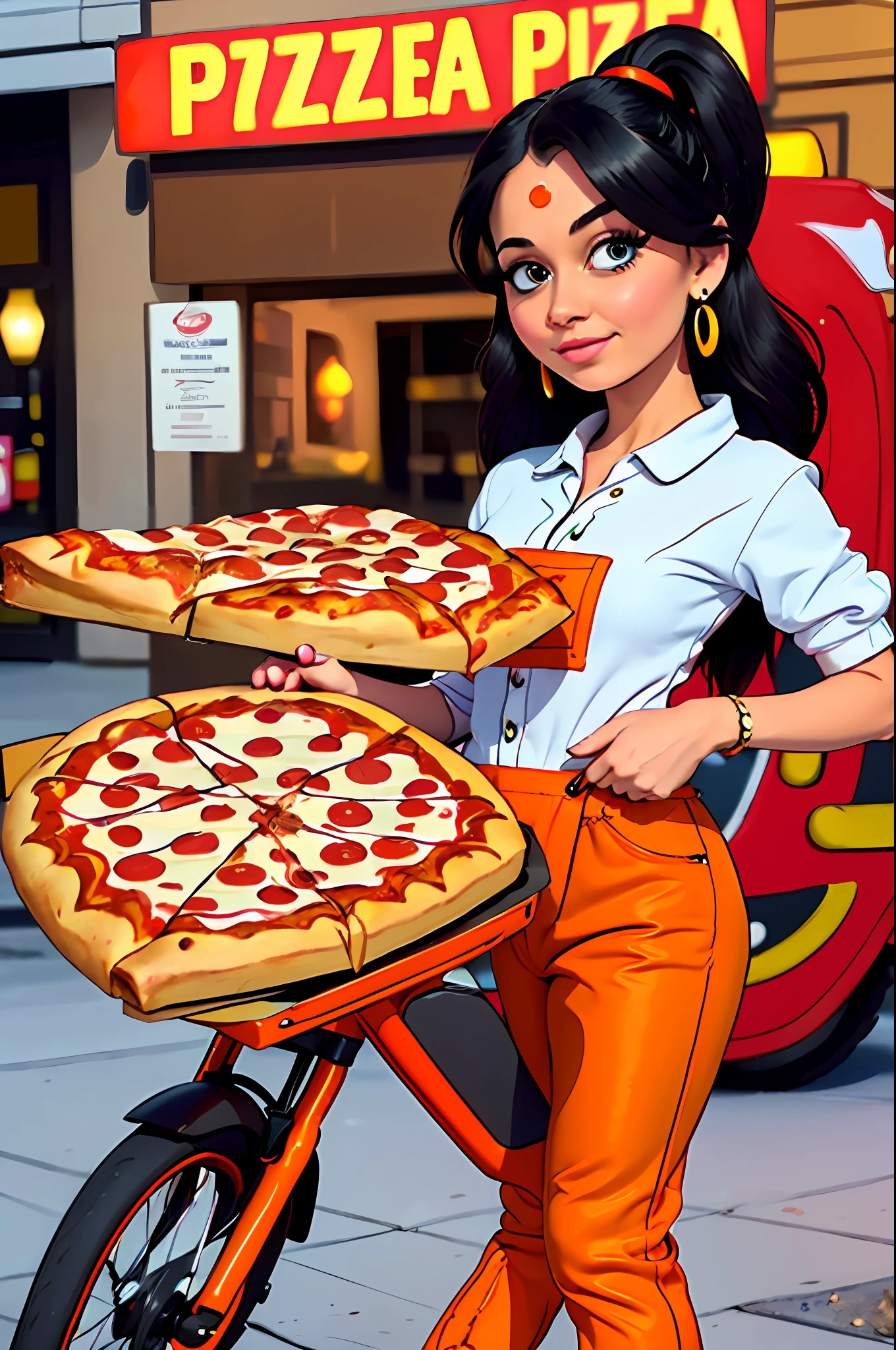 (masterpiece), (best quality), HDR, intricate detail, 1girl, individual focus, woman, light brunette white skin, skindentation, perfect face, gorgeous face, big eyes, orange eyes, perfect eyes, eyelashes, black hair absurdly long high ponytail, (((pizza delivery))), pizza box, employee badge, orange shirt with light blue, (((pizza delivery outfit)), hair ornament,  Earrings