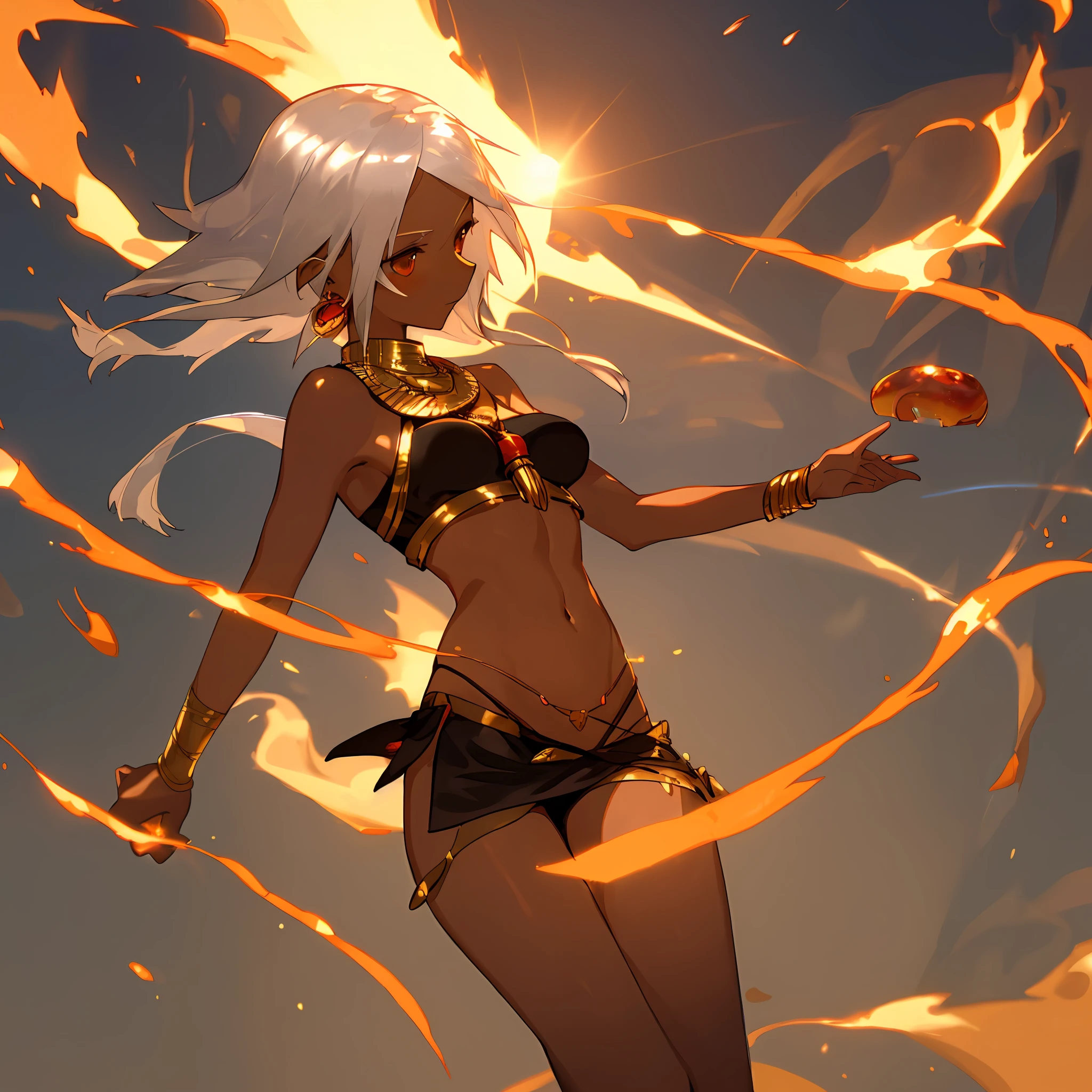 Dark skin, female, medium breasts, short, slender legs, Egyptian, sun god, fire, midriff, stomach, short skirt, embellished crop top, silver hair, red amulet,
