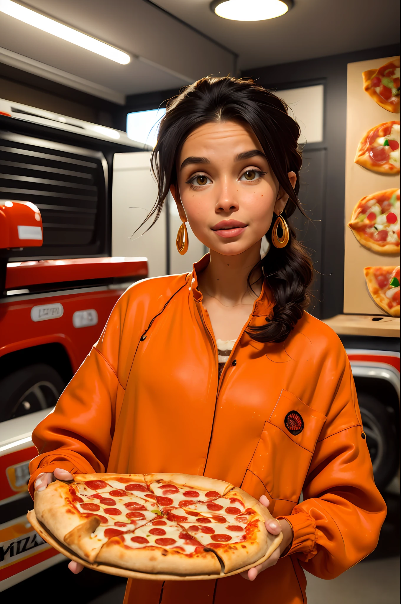 (masterpiece), (best quality), HDR, intricate detail, 1girl, individual focus, woman, light brunette white skin, skindentation, perfect face, gorgeous face, big eyes, orange eyes, perfect eyes, eyelashes, black hair absurdly long high ponytail, (((pizza delivery))), pizza box, employee badge, orange shirt with light blue, (((pizza delivery outfit)), hair ornament,  Earrings