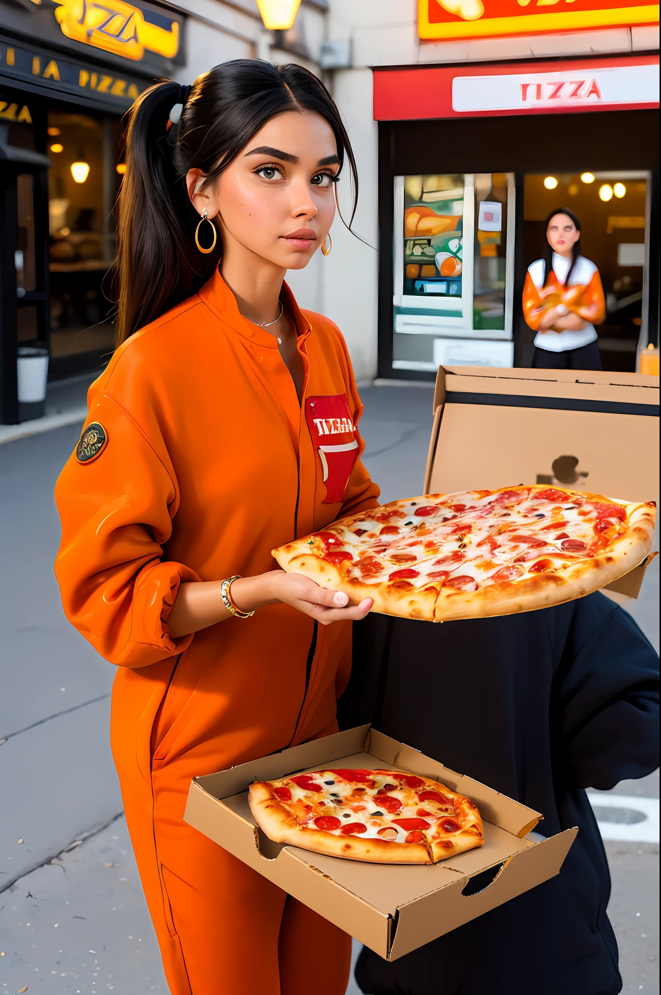 (masterpiece), (best quality), HDR, intricate detail, 1girl, individual focus, woman, light brunette white skin, skindentation, perfect face, gorgeous face, big eyes, orange eyes, perfect eyes, eyelashes, black hair absurdly long high ponytail, (((pizza delivery))), pizza box, employee badge, orange shirt with light blue, (((pizza delivery outfit)), hair ornament, Earrings