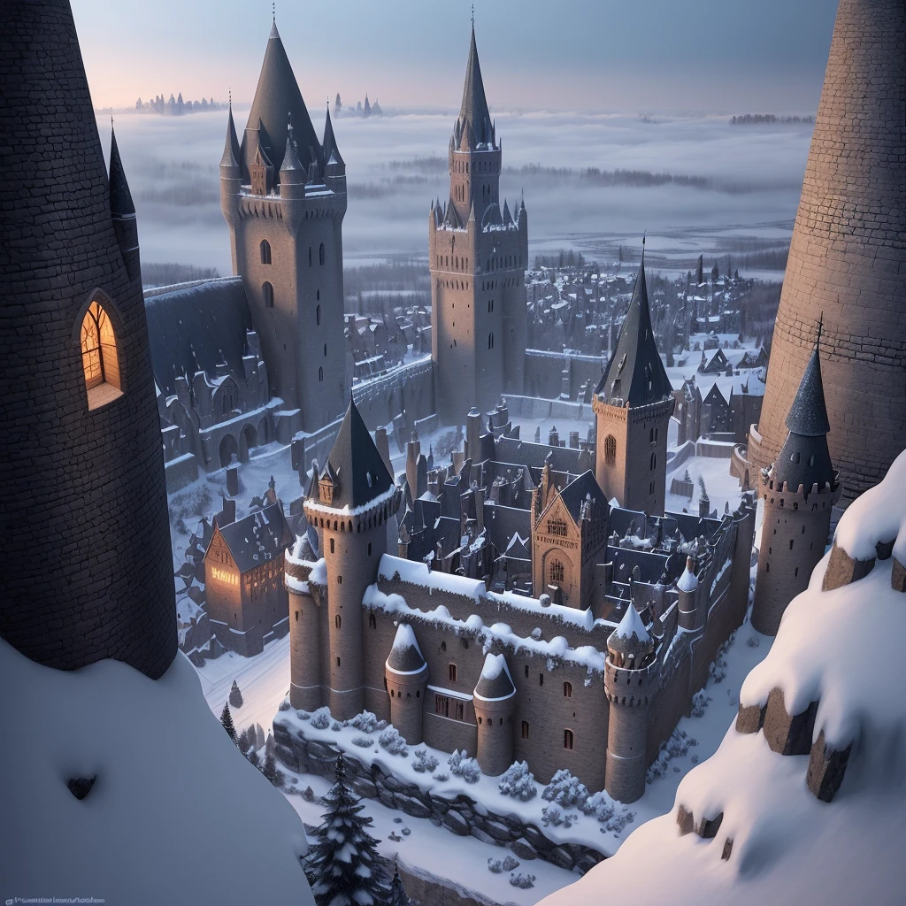 "Architecture, a medieval castle in a frozen kingdom. Ultra detailed commentary, the walls are made of dark and sturdy stone, medieval fantasy, view from above, night, magical fires coming out of the castle, few towers, village around the castle"