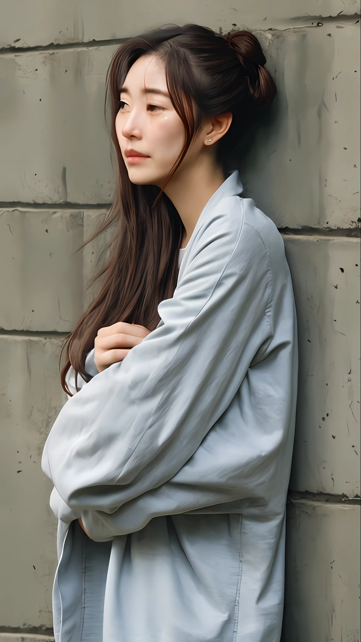 beautiful woman, loose hair, side position, crying, sad, leaning against the wall, sad face, hands wiping tears, hair tied up