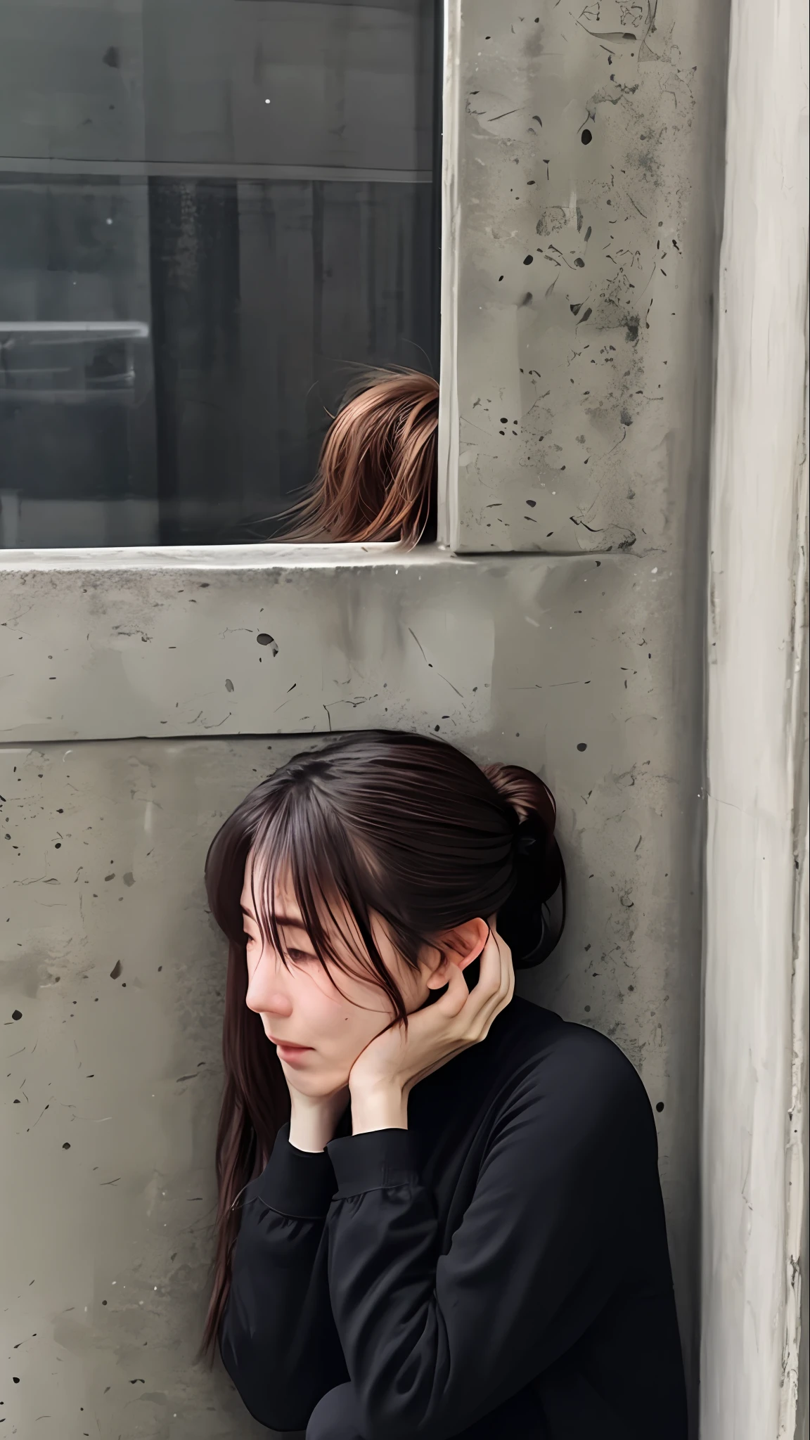 beautiful woman, loose hair, side position, crying, sad, leaning against the wall, sad face, hands wiping tears, hair tied up