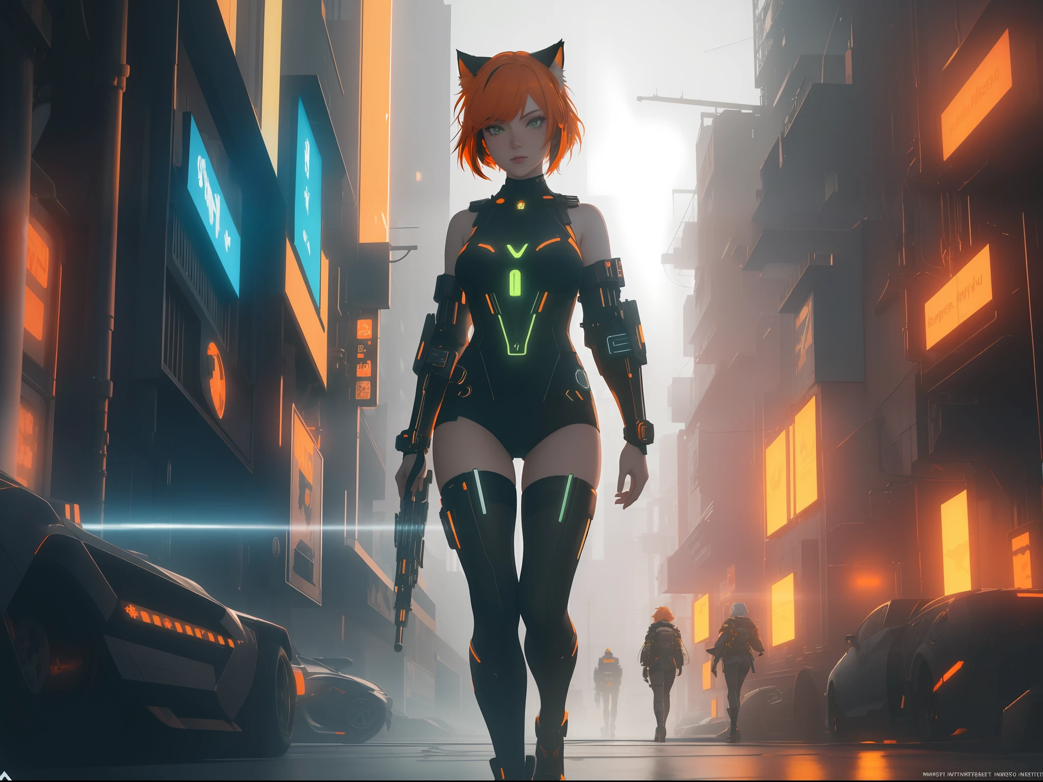 (((masterpiece))), full body frame, one beautiful girl with bob cut pale skin, looking over back, (short orange hair), (cat ear), (green eyes), (orange tail), model shoot style, freckles, stocking, dynamic hair, perfect body, small breast, highly detailed, more details, ((cyberpunk)) , ((neon light)), cinematic atmosphere, fog, precise correct anatomy, epic scene, artstation, dynamic lighting, post-processing, global illumination, detailed and intricate environment, modelshoot style, 8K UHD, concept art, octane render