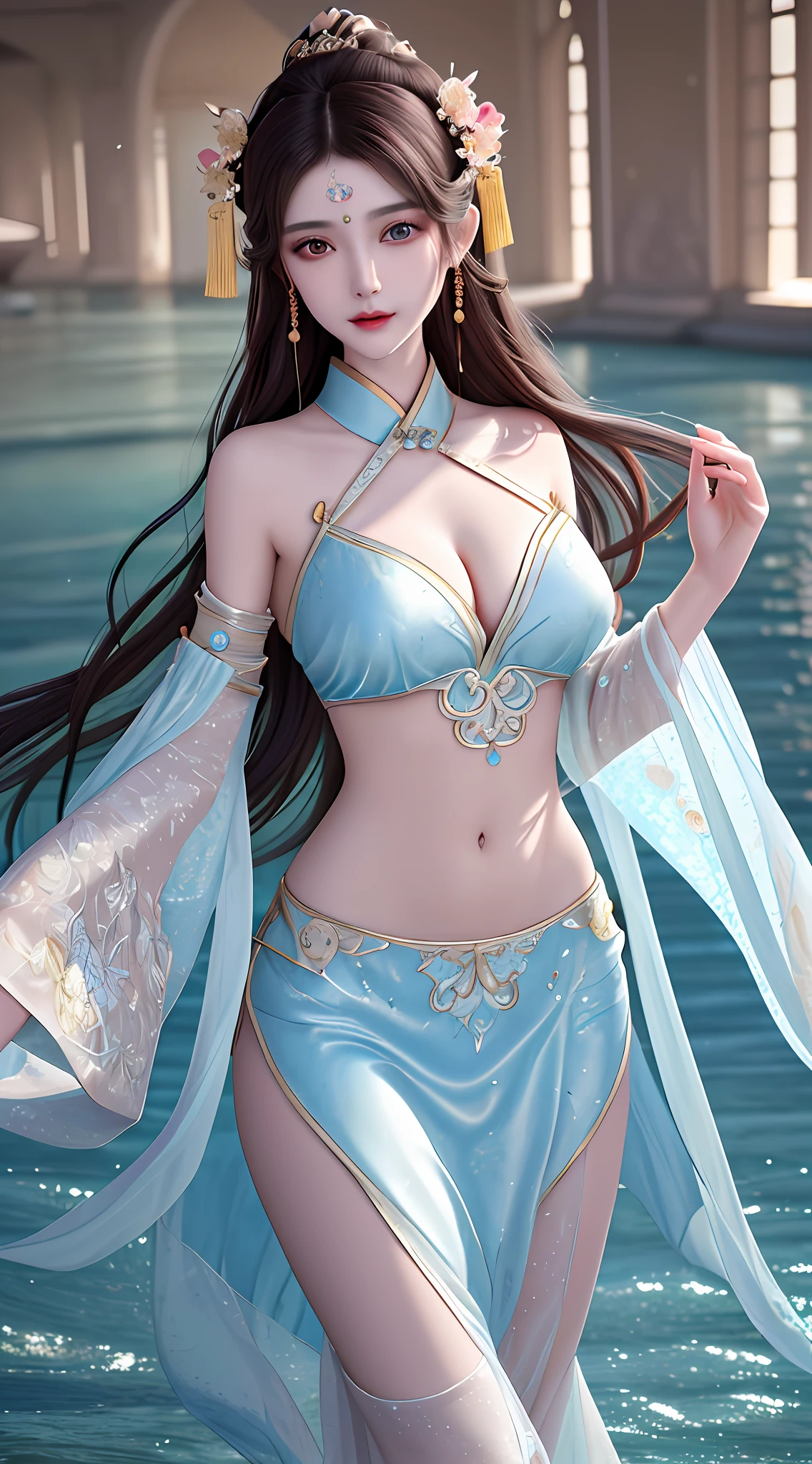 UHD, anatomically correct, textured skin, best quality, Tyndall effect, an extremely delicate and beautiful girl, age 22 years, charming and delicate face, lively beautiful eyes, slim figure, walking on the water, water-colored eyes, ancient Chinese princess dress, messy hair, art book, city view, extreme fantasy, bare navel, bare shoulders