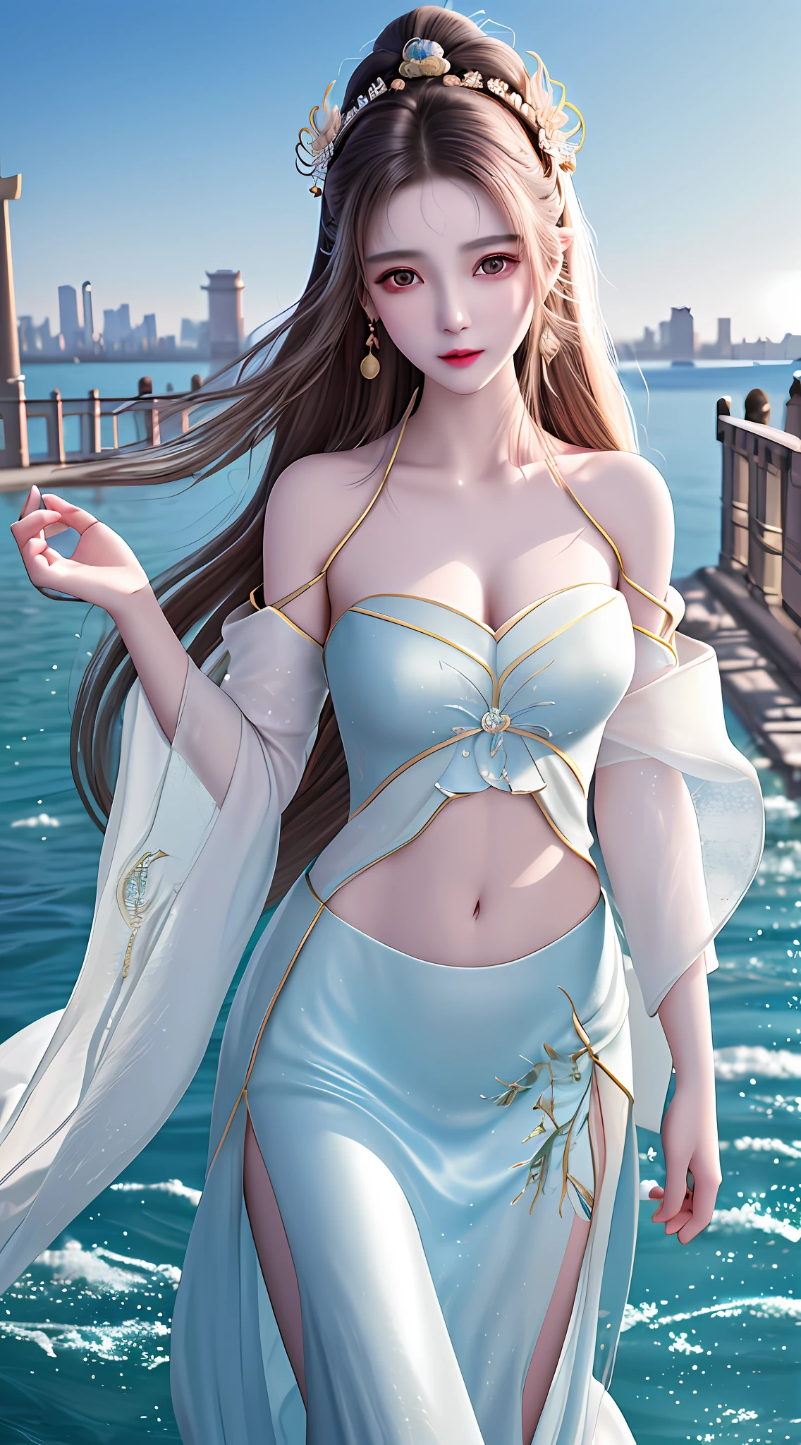 UHD, anatomically correct, textured skin, best quality, Tyndall effect, an extremely delicate and beautiful girl, age 22 years, charming and delicate face, lively beautiful eyes, slim figure, walking on the water, water-colored eyes, ancient Chinese princess dress, messy hair, art book, city view, extreme fantasy, bare navel, bare shoulders