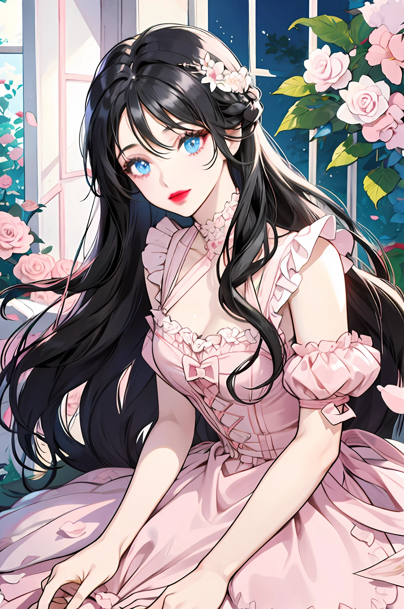 girl with long straight hair with black fringe and holding a bouquet of pink and white roses, red lips, light blue eyes, cute dress, pastel blue dress, flowers, garden,