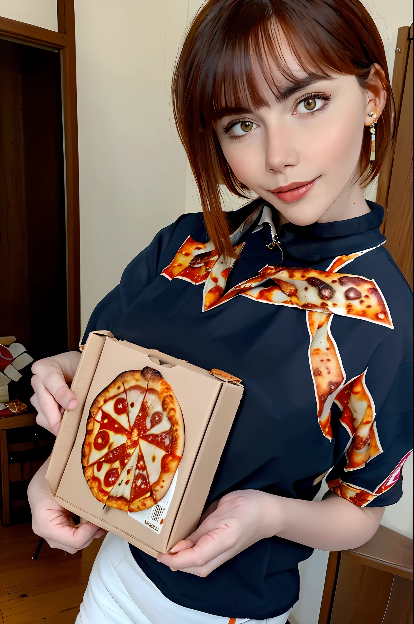 (masterpiece), (best quality), HDR, intricate detail, 1girl, individual focus, woman, light brunette white skin, skindentation, perfect face, gorgeous face, big eyes, orange eyes, perfect eyes, eyelashes, black hair absurdly long high ponytail, (((pizza delivery))), pizza box, employee badge, orange shirt with light blue, (((pizza delivery outfit)), hair ornament,  Earrings
