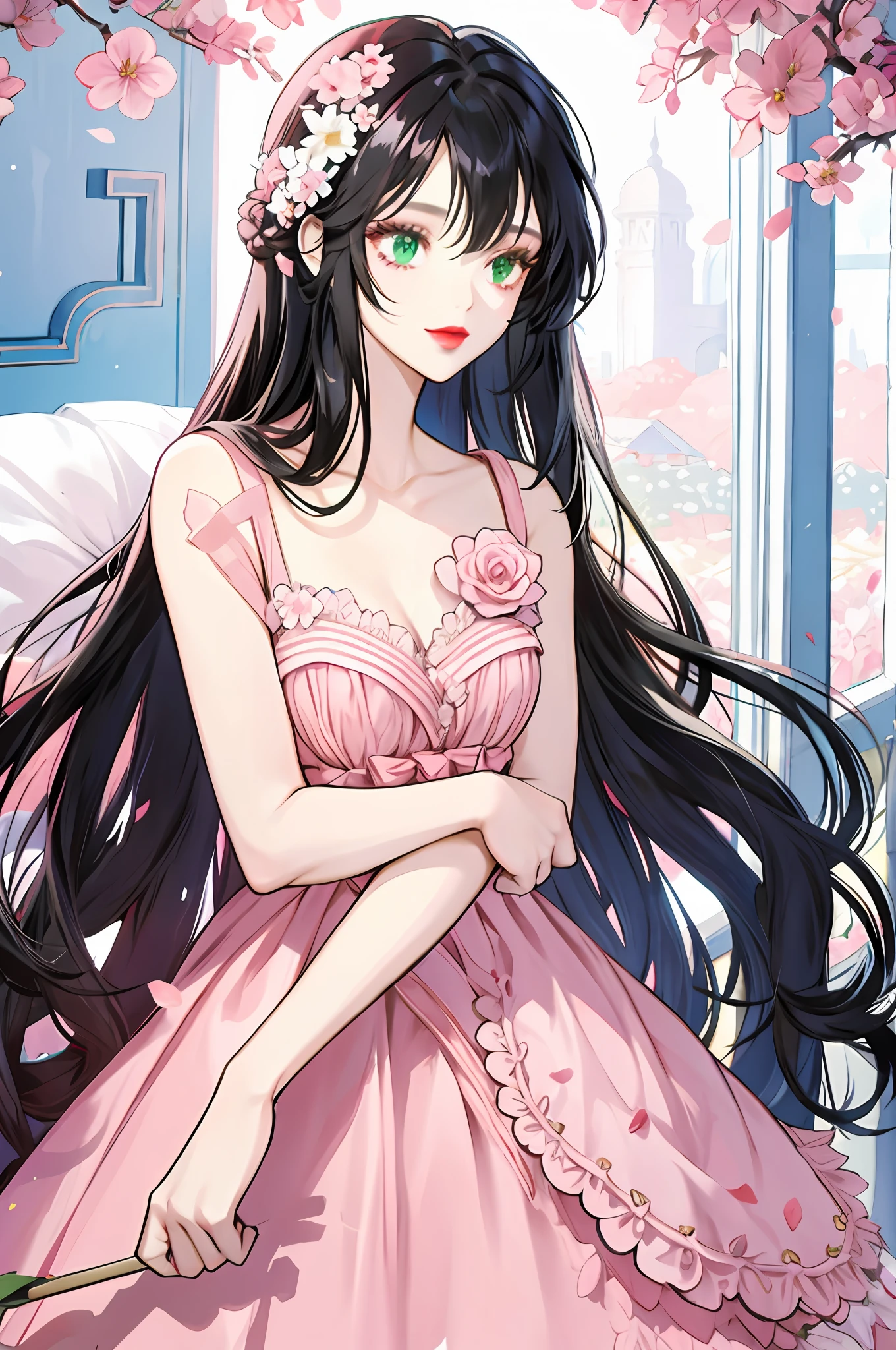 girl with straight long hair with black fringe and holding a bouquet of pink and white roses, red lips, green eyes, cute dress, pastel blue dress, flowers, garden,