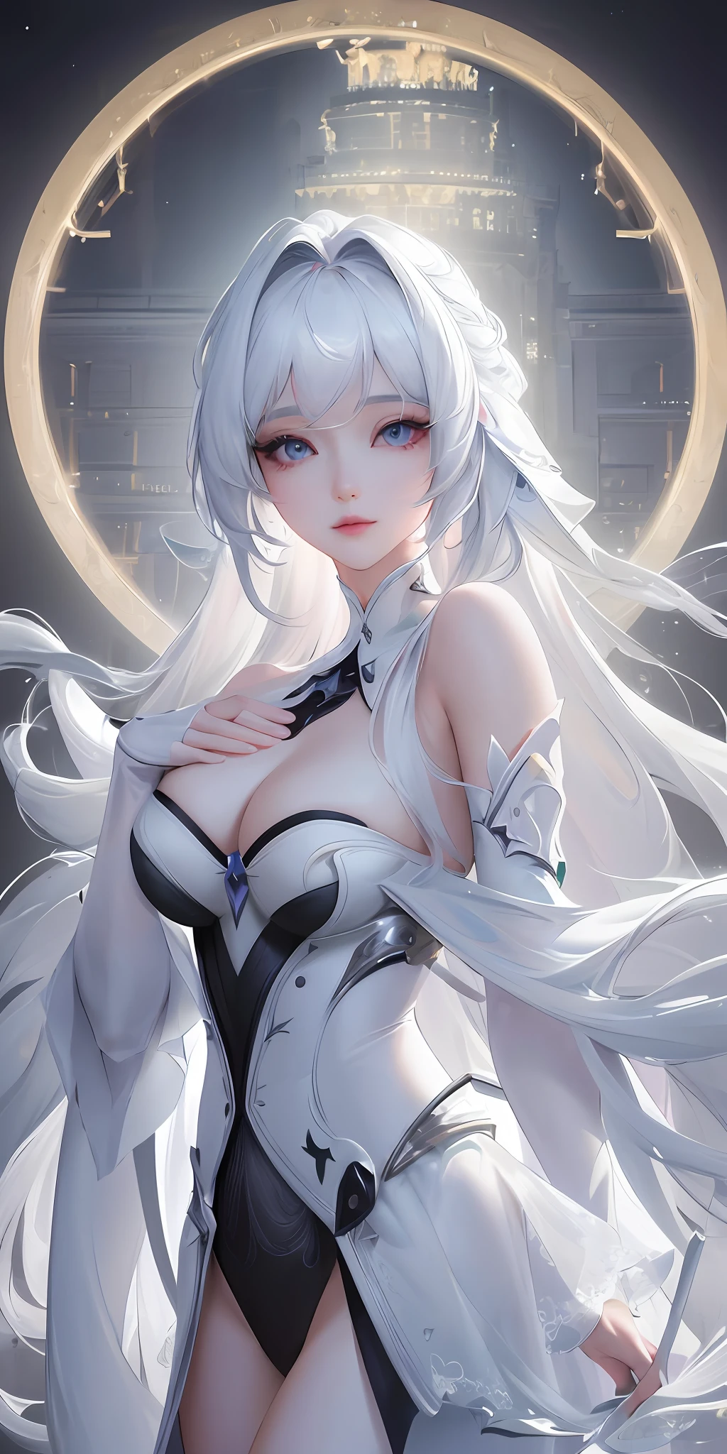 Step into a world of artistic perfection with Wlop's masterpiece, a stunning 8K CG wallpaper featuring a girl with long white hair. The ultra-detailed rendering, combined with the best lighting techniques, creates a mesmerizing visual experience that is both delicate and beautiful. (8K CG Unity Wallpaper, Masterpiece, Best Quality, Ultra-Detailed, Best Lighting, Exquisite Beauty)