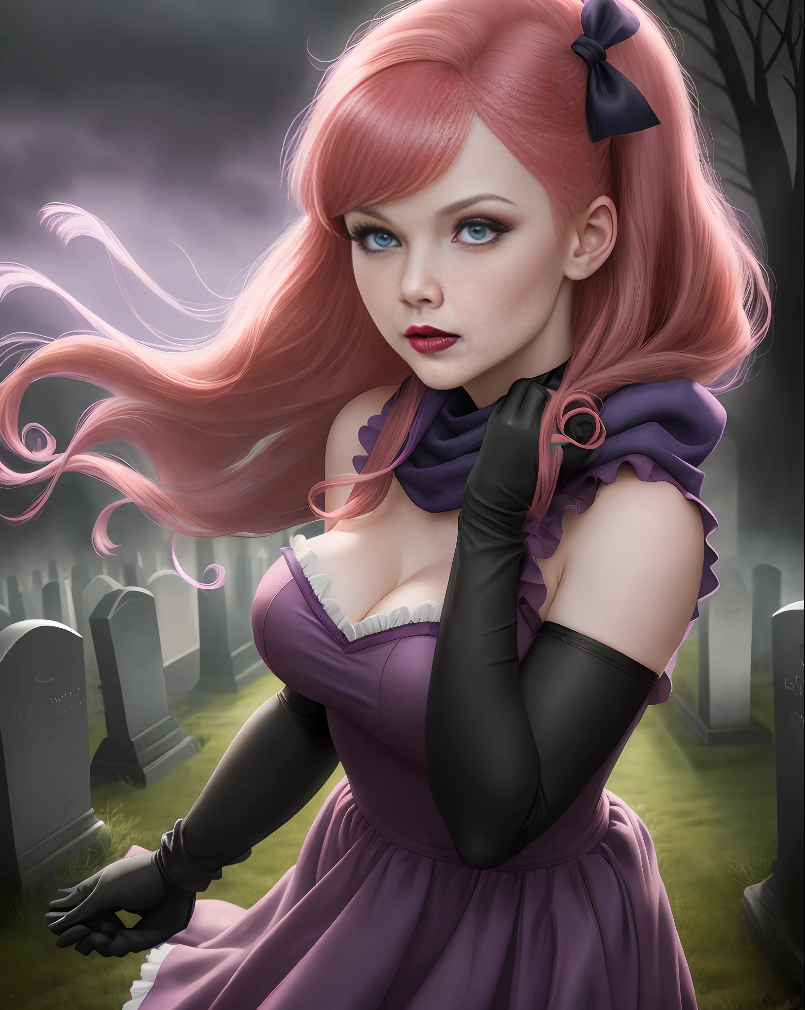 Patrician girl, Daphne Blake from the Scooby Doo anime, western facial features, blue eyes, pink lipstick, natural red hair fulfilled, purple ribbon holding her hair on top, green neck scarf, short wool dress and glued purple color, slender and elegant, very sensual, posing for photo, large breasts, innocent look, cute, eye makeup only with black pencil, short purple glove, graveyard, fog, dark, 3 a.m., cloudy night, horror weather, dawn, crosses, thriller, (masterpiece, blurred background, natural lighting, depth of field, ultra detailed and realistic photography, 100mm lens), portrait style