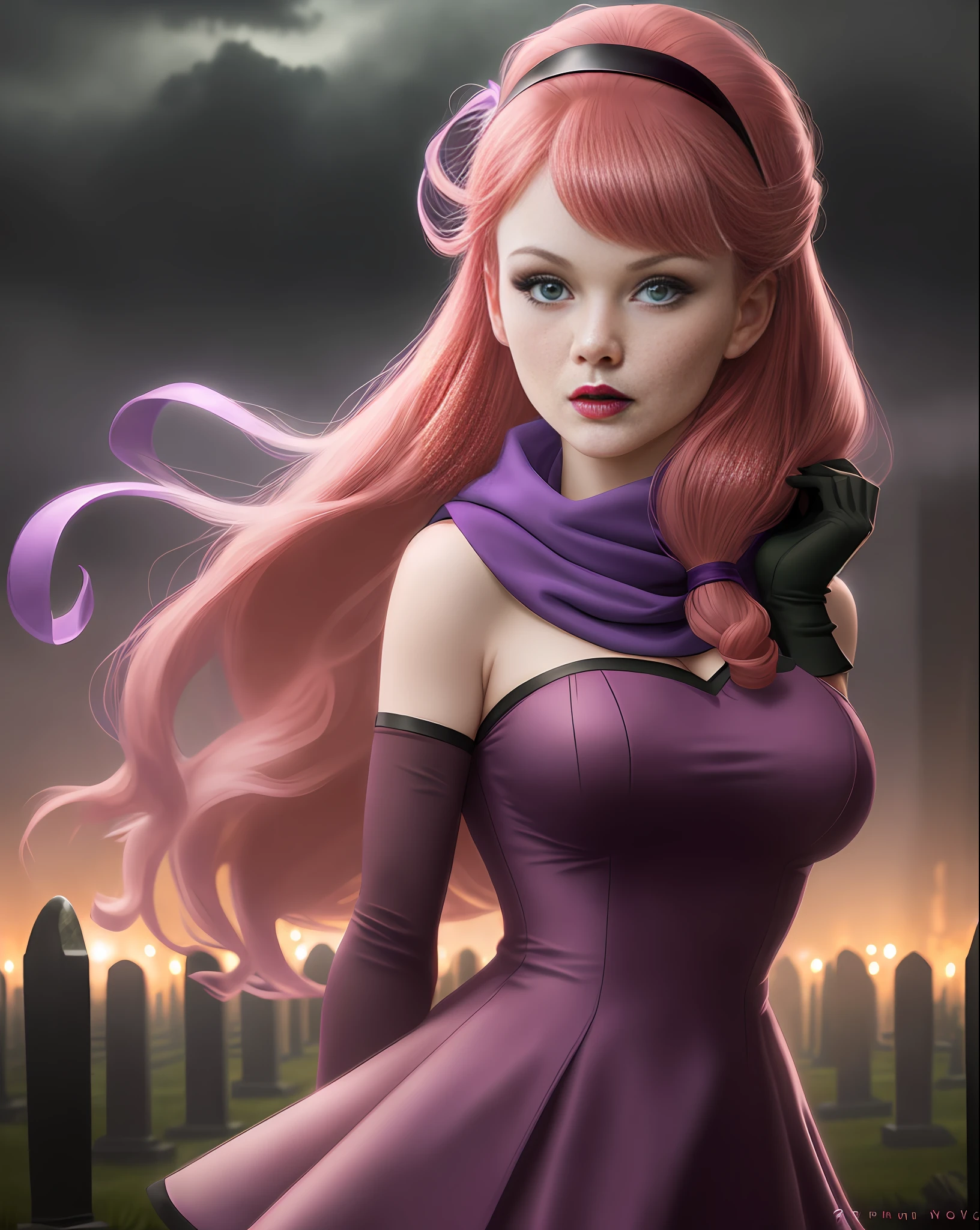 Patrician girl, Daphne Blake from the Scooby Doo anime, western facial features, blue eyes, pink lipstick, natural red hair fulfilled, purple ribbon holding her hair on top, green neck scarf, short wool dress and glued purple color, slender and elegant, very sensual, posing for photo, large breasts, innocent look, cute, eye makeup only with black pencil,  short purple glove, graveyard, fog, dark, 3 a.m., cloudy night, horror weather, dawn, crosses, thriller, (masterpiece, blurred background, natural lighting, depth of field, ultra detailed and realistic photography, 100mm lens), portrait style