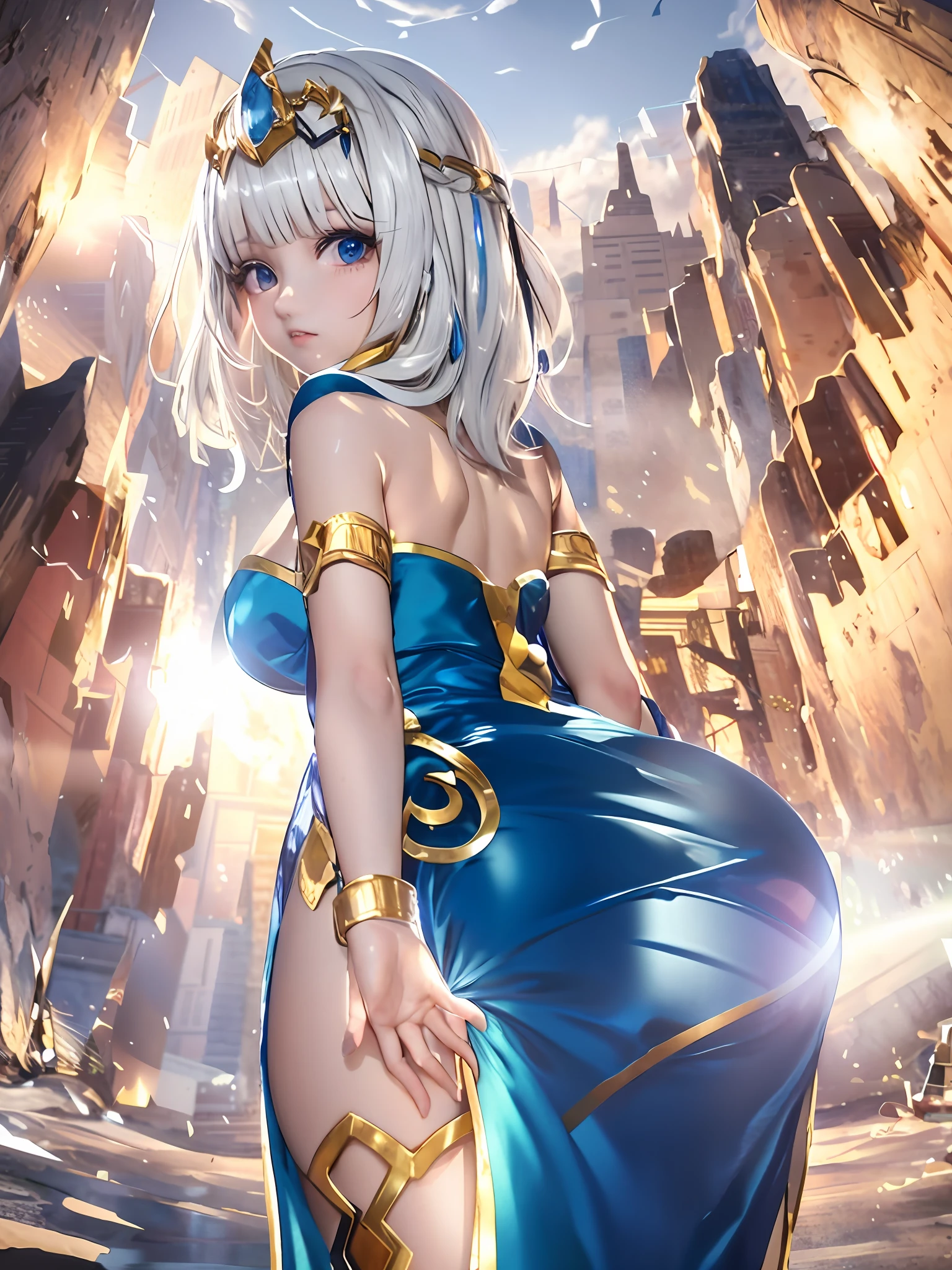 anime girl in a blue dress with a gold belt and a green dress, cushart krenz key art feminine, extremely detailed artgerm, anime goddess, artgerm on artstation pixiv, trending on artstation pixiv, white haired deity, style artgerm, artgerm style, style of artgerm, ancient ruins behind her