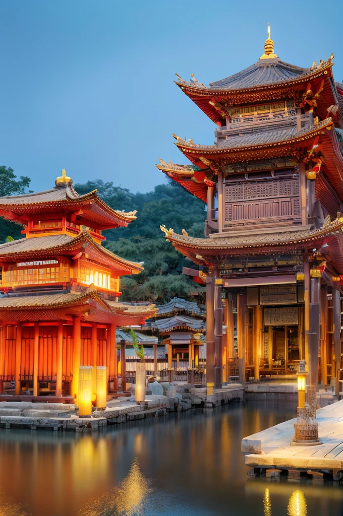 bamboo, temple, pavilion, tower, bridge, river, night, lantern, no human, downtown, Chinese style architecture, top quality, masterpiece, illustration, wallpaper, (full body), high definition and complex, urban background, cinematic, depth of field, art station trend, ultra high definition, ultra realistic, cinematic lighting, 8K, perfect body, vivid color