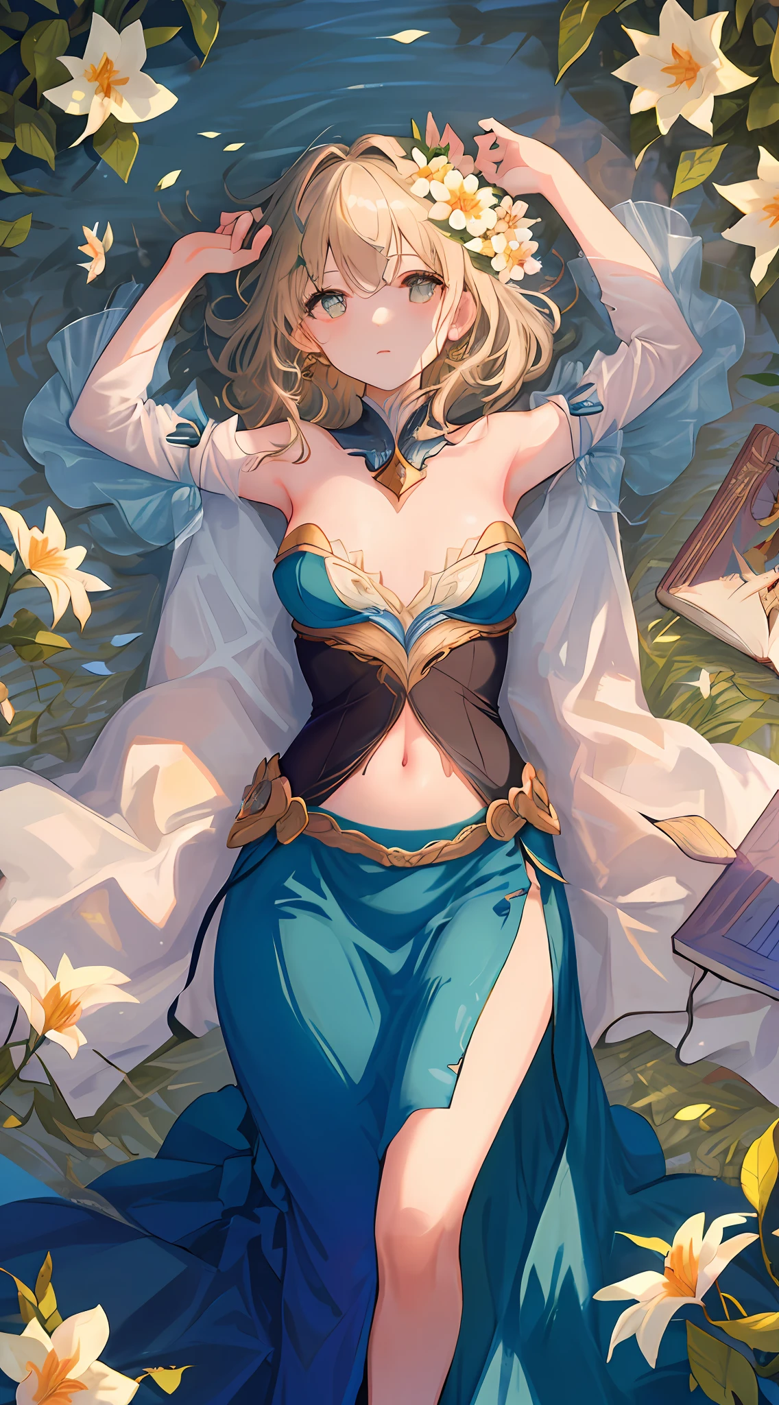 UHD, anatomically correct, textured skin, best quality, Tyndall effect, an extremely delicate and beautiful girl, age 22 years, charming and delicate face, lively beautiful eyes, slender figure, lying on a flower field, backlit at dusk, water-colored eyes, long skirt, messy hair, art books, city views, fantasy, bare belly button, bare shoulders