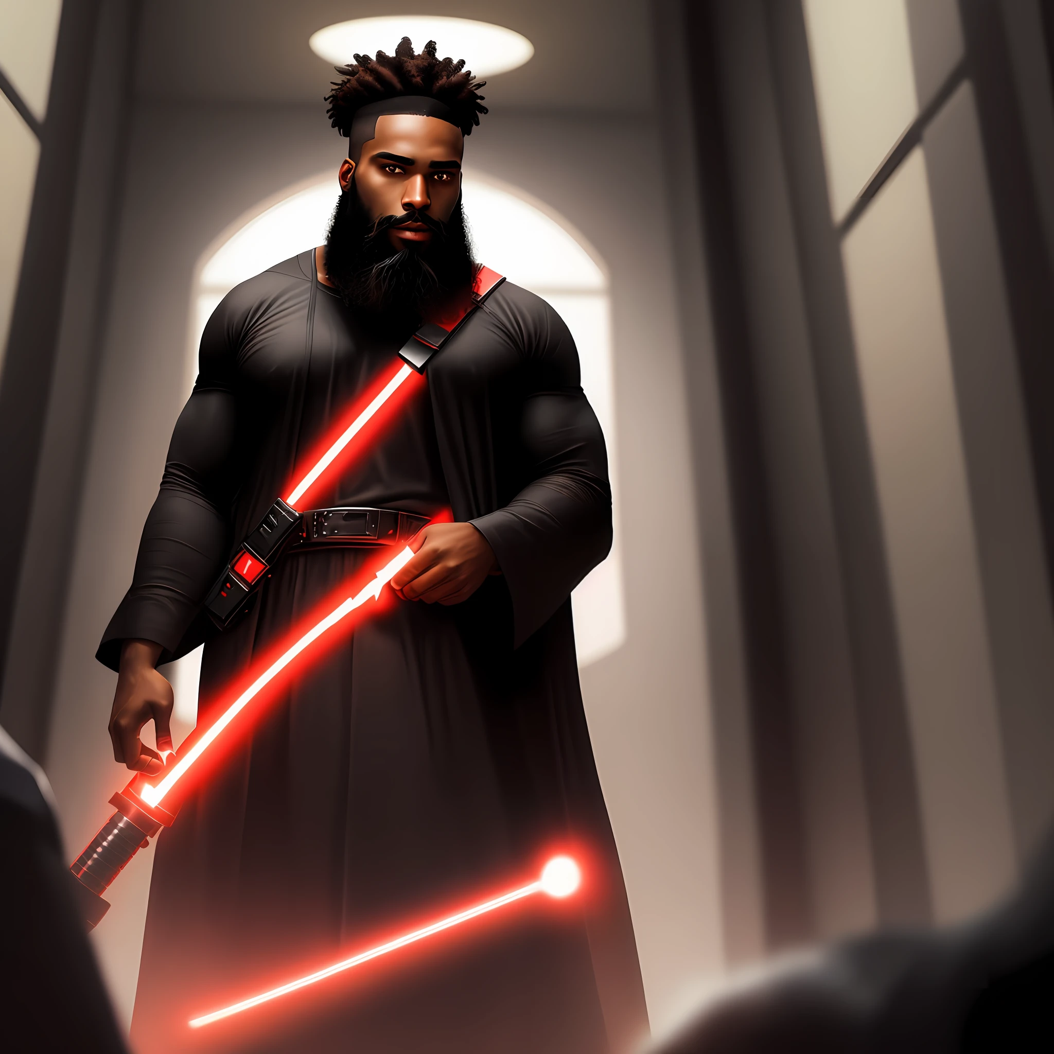 Black guy, with beard, sith, dressed in black, holding a red lightsaber in right hand, view of whole body,