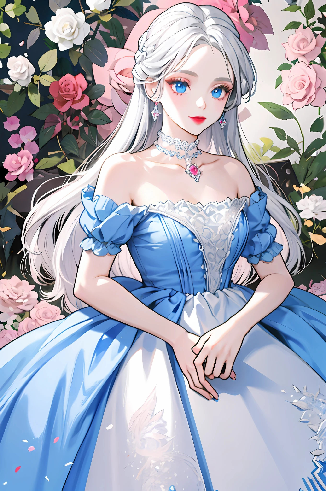 girl with long wave and silver hair holding a bouquet of pink and white roses, red lips, blue eyes, cute dress, blue dress with bright blue gems as a necklace on her neck, flowers, garden,