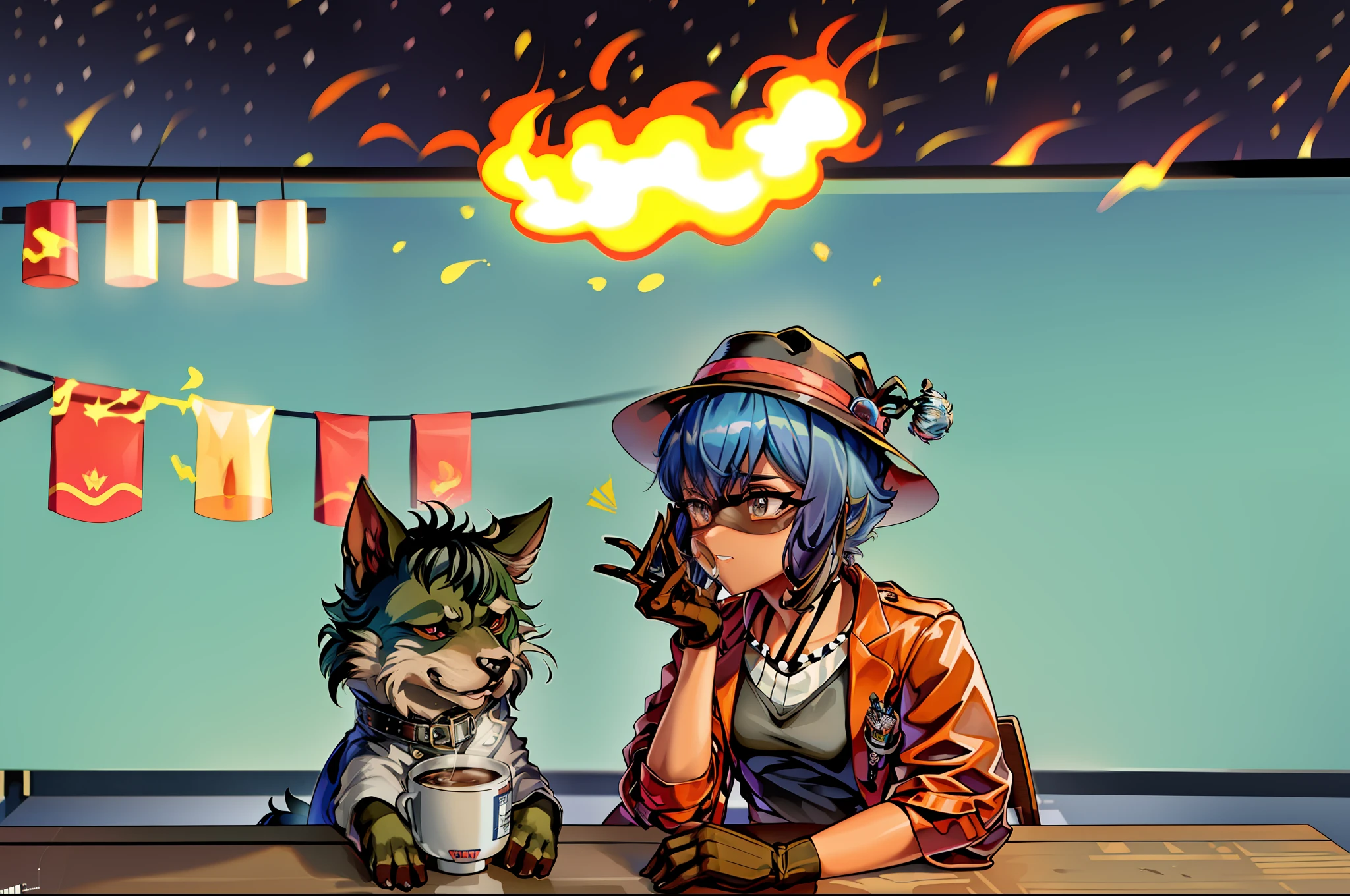 1girl michiru kagemori, wise, sophisticated, sfw, cool, itsfine,  itsfine, ((room on fire)) a charming shelti dog wearing a small black hat, (hat on fire) shelti, (fire everywhere) sitting in a chair in front of a fire, cup of coffee on table, heavy fire on the background, meme, furry, kemono,  fluffy fur, solo,