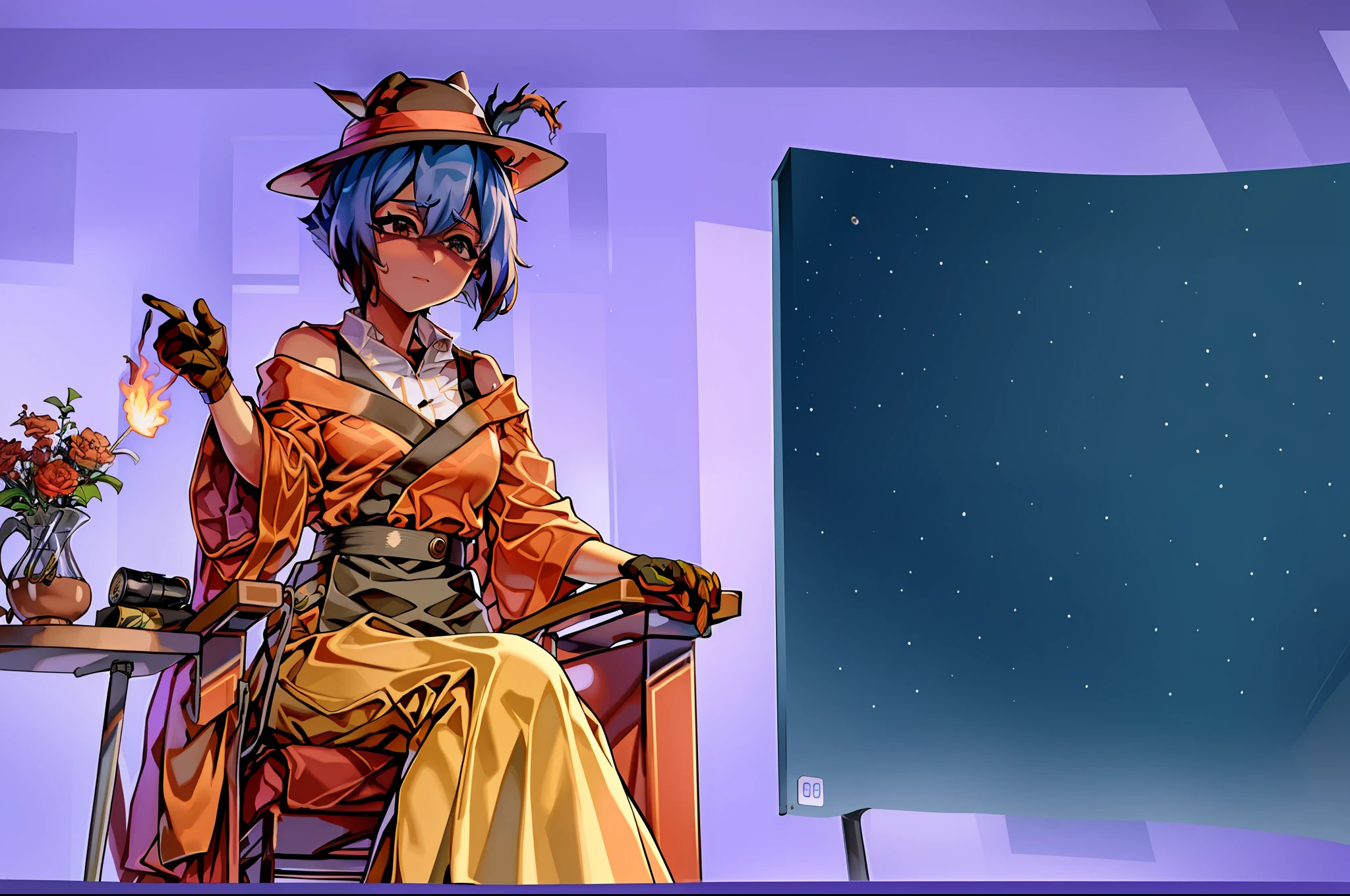 1girl michiru kagemori, wise, sophisticated, sfw, cool, itsfine,  itsfine, ((room on fire)) a charming shelti dog wearing a small black hat, (hat on fire) shelti, (fire everywhere) sitting in a chair in front of a fire, cup of coffee on table, heavy fire on the background, meme, furry, kemono,  fluffy fur, solo,