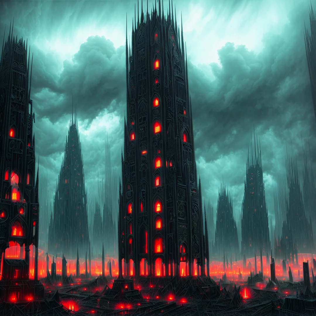 Wide angle of dark valley full of biomechanicals monuments. Creepy spiked monuments. Many souls inside of hurricane storming. Apocalyptic vision, Horror art, ultra detailed, intricate perfect illustration, digital painting, color drawing. Hyperdetailed.