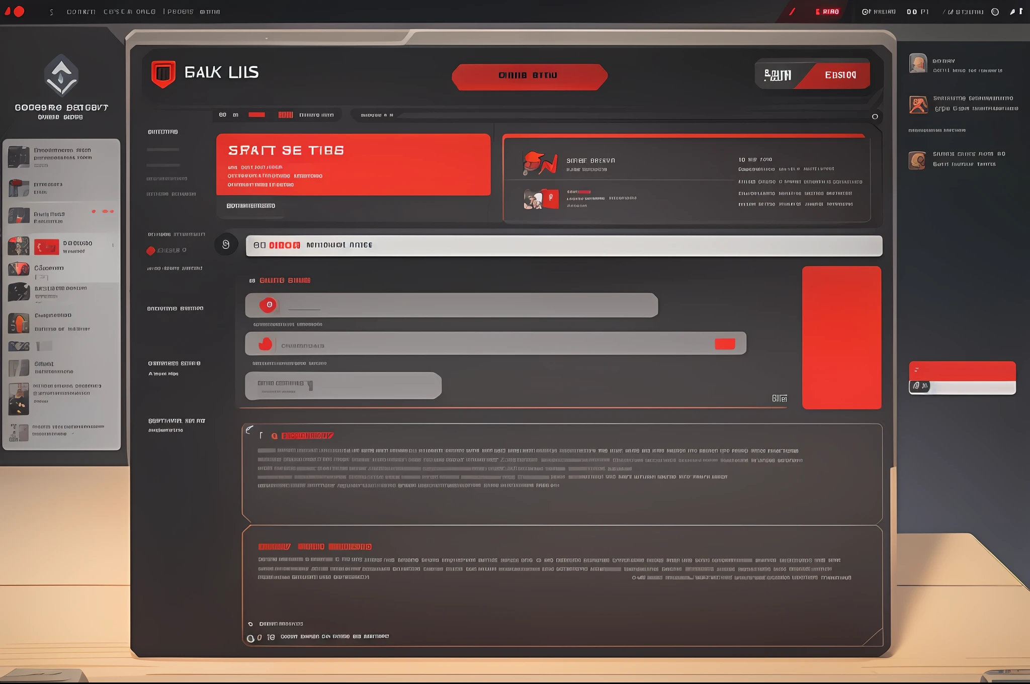 A game&#39;s interface, in dark gray colors and a red list at the top, a list of items to do in the game
