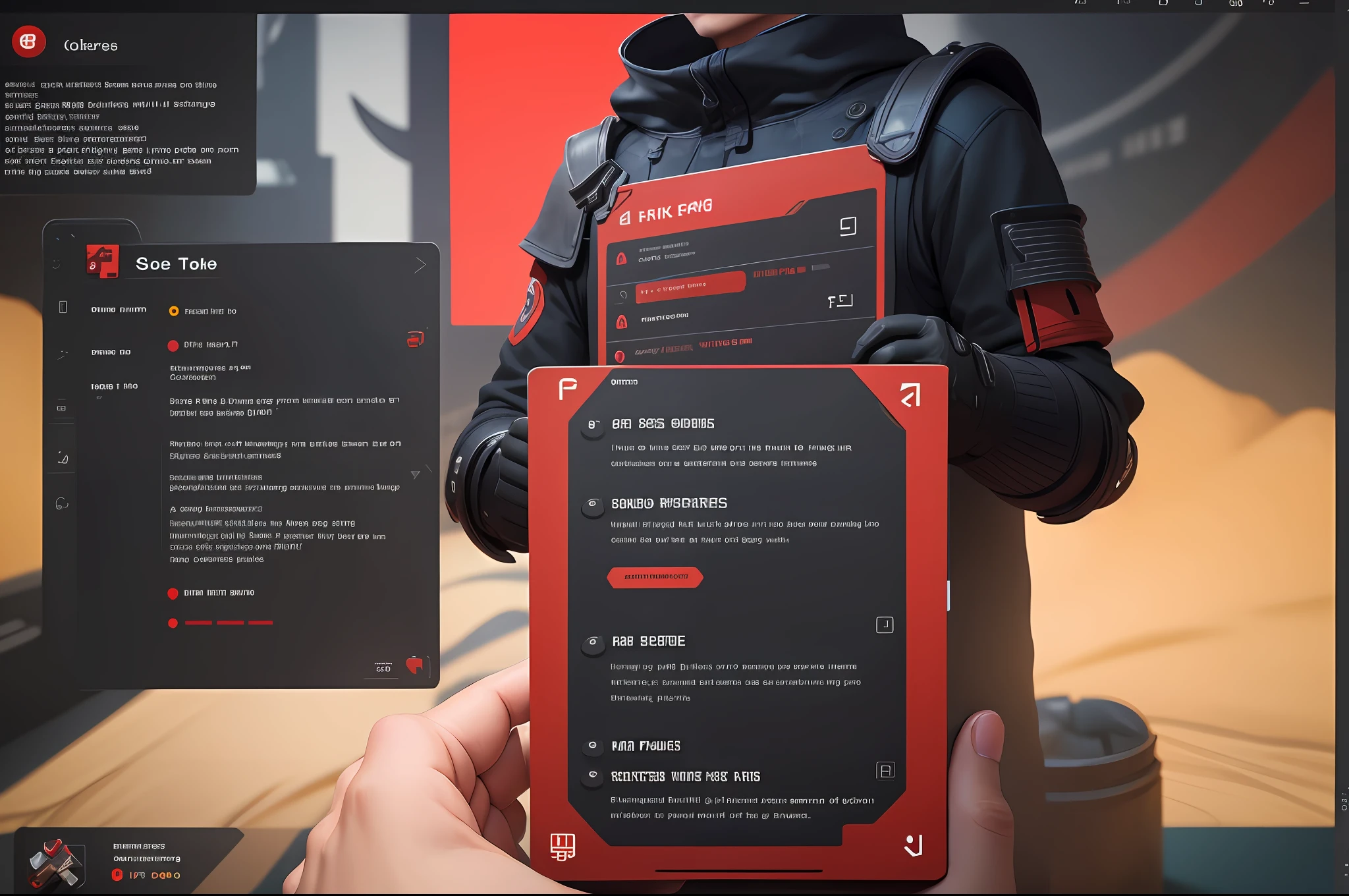 A game&#39;s interface, in dark gray colors and a red list at the top, a list of items to do in the game