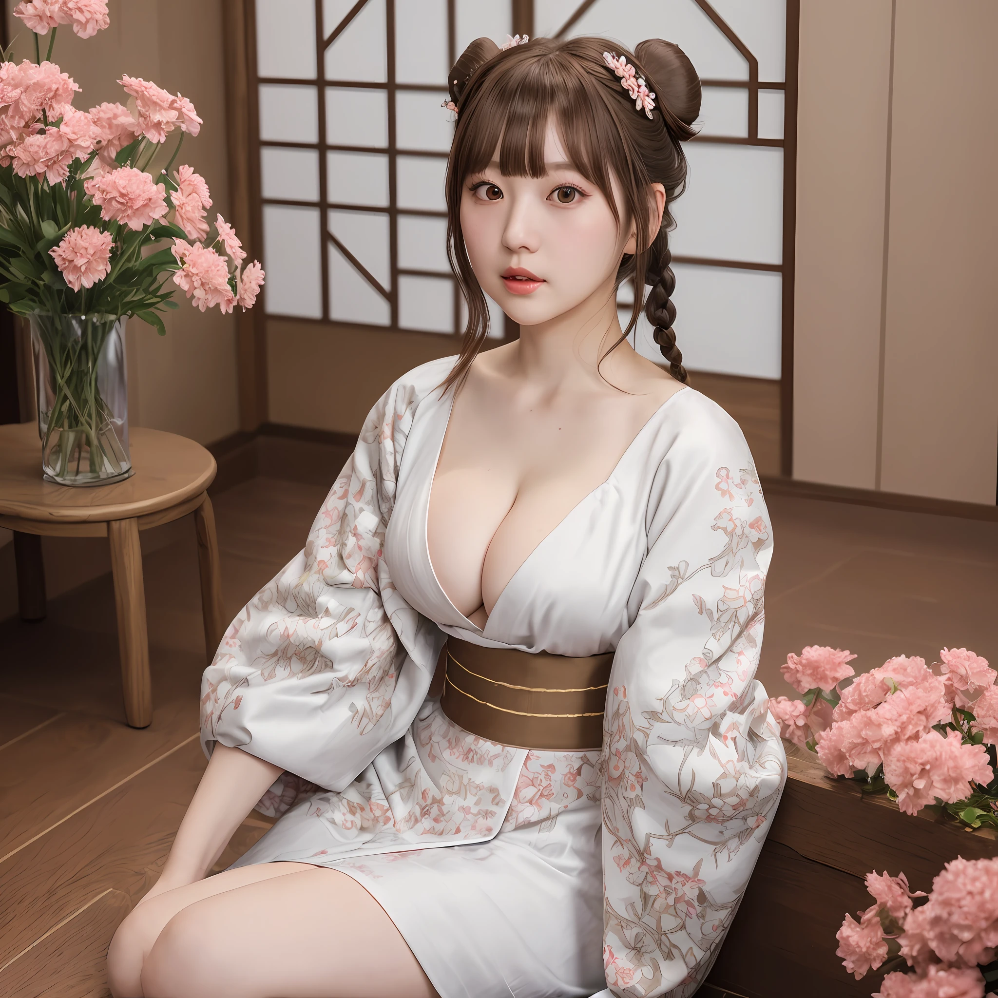 RaidenShogun, dress details, pattern color, blunt bangs, braided, (medium bust:1,4), cleavage, wide-sleeved kimono, hair ornament, white Japanese dress, (red obi:1,4), (brown hair:1 ,4), very long hair, straight hair, bun, detailed face, cold face, (smooth chin:0,85), looking at the viewer, beautiful eyes, detailed eyes, skirt, from the side, (disney Castle:1,5) , photon mapping, physically based rendering, RAW photo , indoor background in Japanese style room on floor covered with flowers, sitting position with legs stretched out (photo realistic:1,35), high resolution, perspective, facing forward,(ulzzang-6500: 0.5), 1 girl