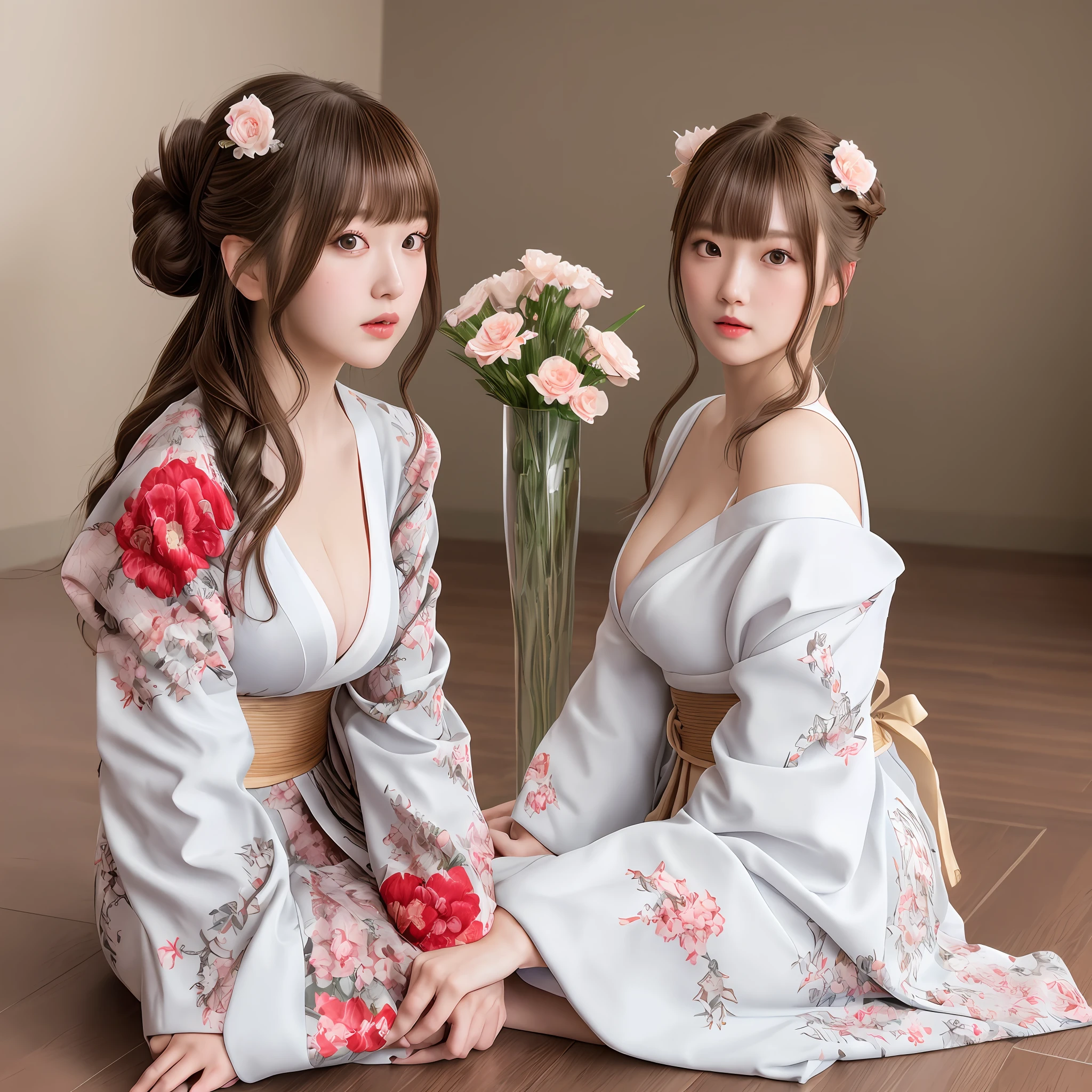 RaidenShogun, dress details, pattern color, blunt bangs, braided, (medium bust:1,4), cleavage, wide-sleeved kimono, hair ornament, white Japanese dress, (red obi:1,4), (brown hair:1 ,4), very long hair, straight hair, bun, detailed face, cold face, (smooth chin:0,85), looking at the viewer, beautiful eyes, detailed eyes, skirt, from the side, (disney Castle:1,5) , photon mapping, physically based rendering, RAW photo , indoor background in Japanese style room on floor covered with flowers, sitting position with legs stretched out (photo realistic:1,35), high resolution, perspective, facing forward,(ulzzang-6500: 0.5), 1 girl