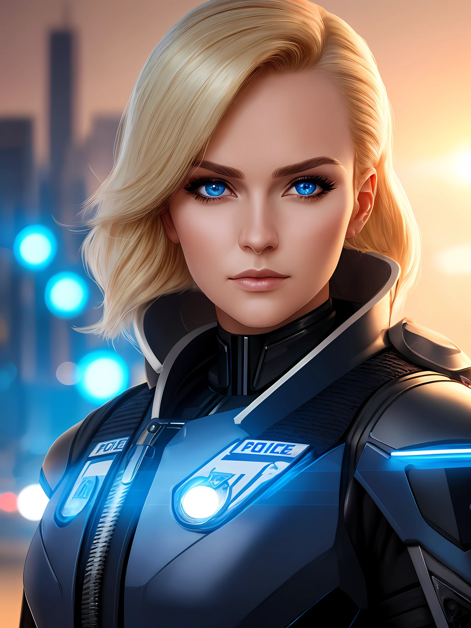 portrait of woman, police officer, wearing futuristic cyberpunk police uniform, robocop style, Blonde hair, Blue eyes, Smaller head, Best quality, realistic, extremely delicate and beautiful, sunset lighting, clipping light, professional lighting, dynamic pose, looking at the viewer