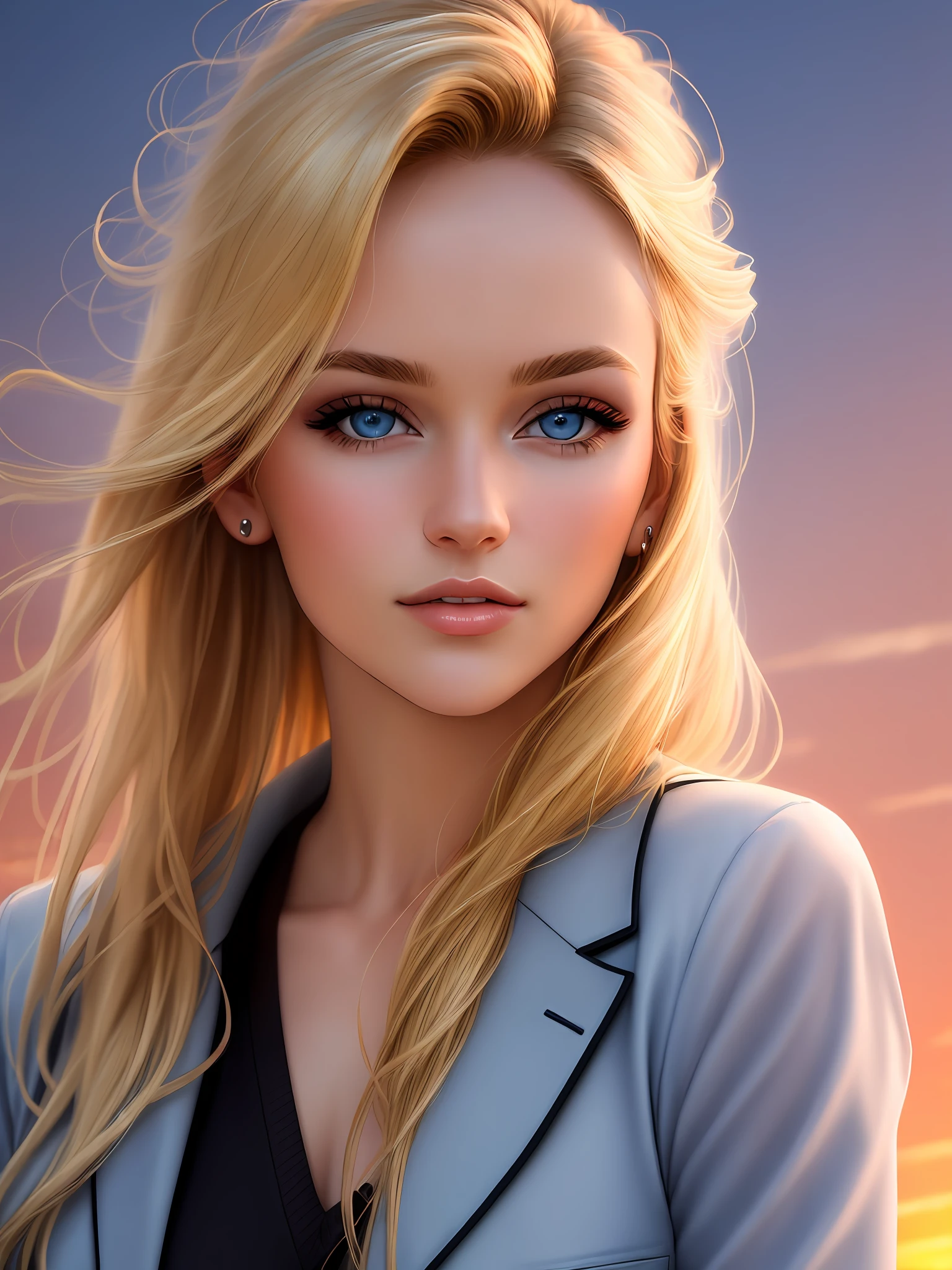 woman portrait, 2000s modern outfit, blonde hair, blue eyes, smaller head, best quality, realistic, extremely delicate and beautiful, sunset lighting, clipping light, professional lighting, dynamic pose, looking at viewer
