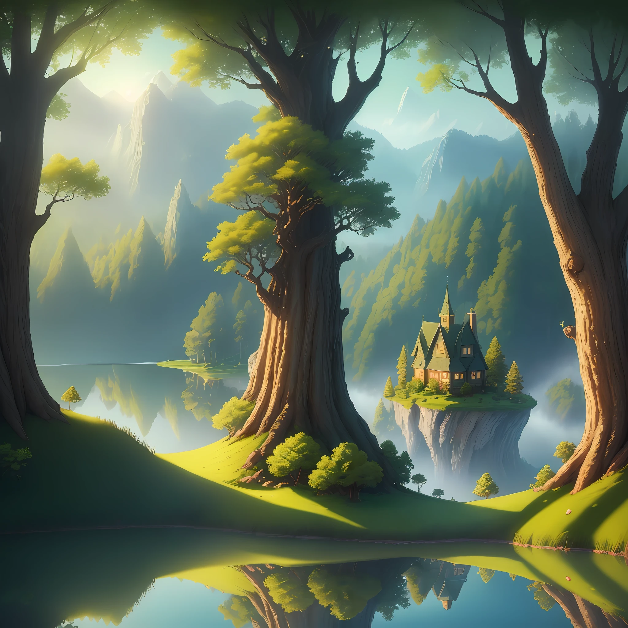 Masterpiece, best quality, (very detailed CG 8k wallpaper), (best quality), (best illustration), (best shadows), magic forest, the reflection on the lake shows the hidden path to the fairy village.