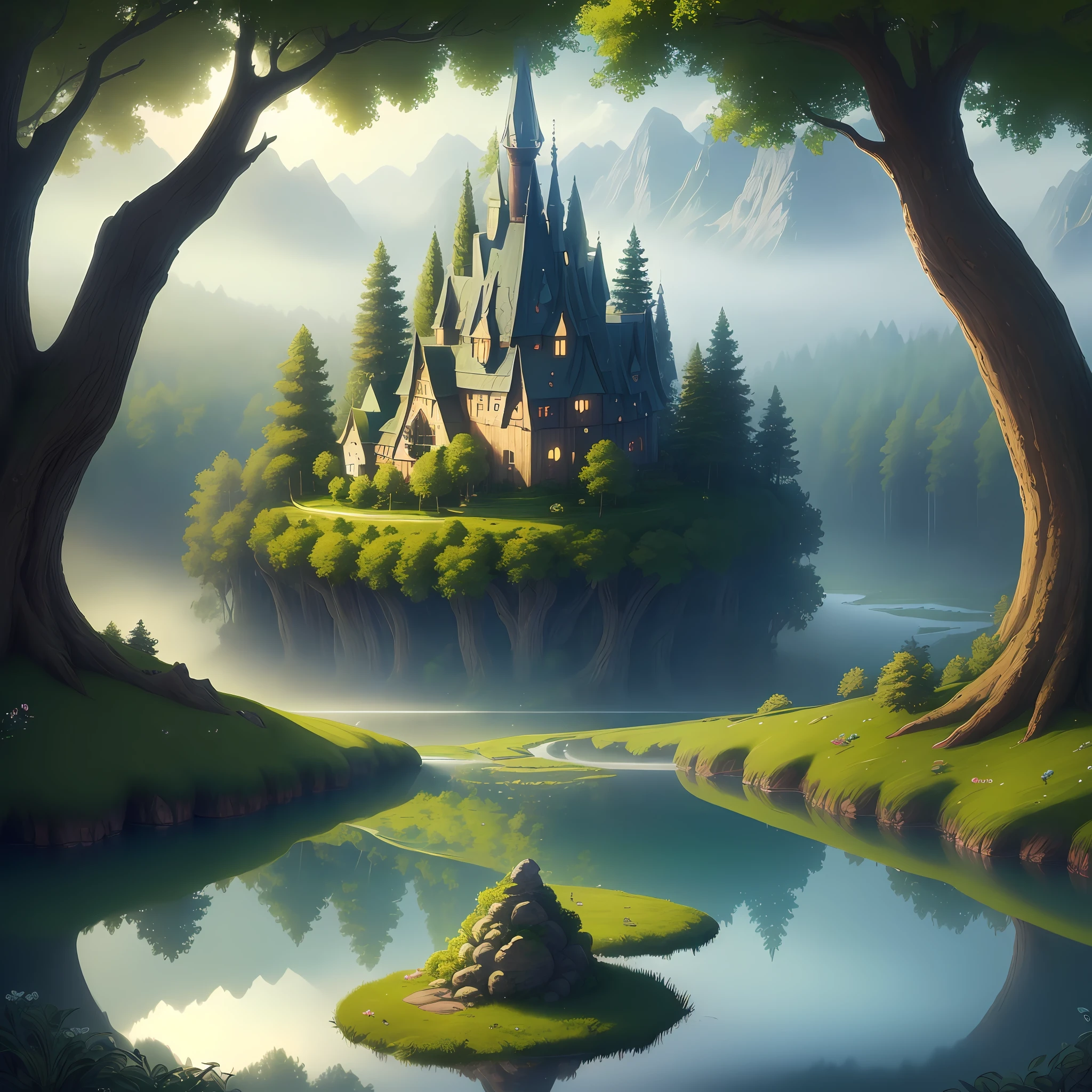 Masterpiece, best quality, (very detailed CG 8k wallpaper), (best quality), (best illustration), (best shadows), magic forest, the reflection on the lake shows the hidden path to the fairy village.