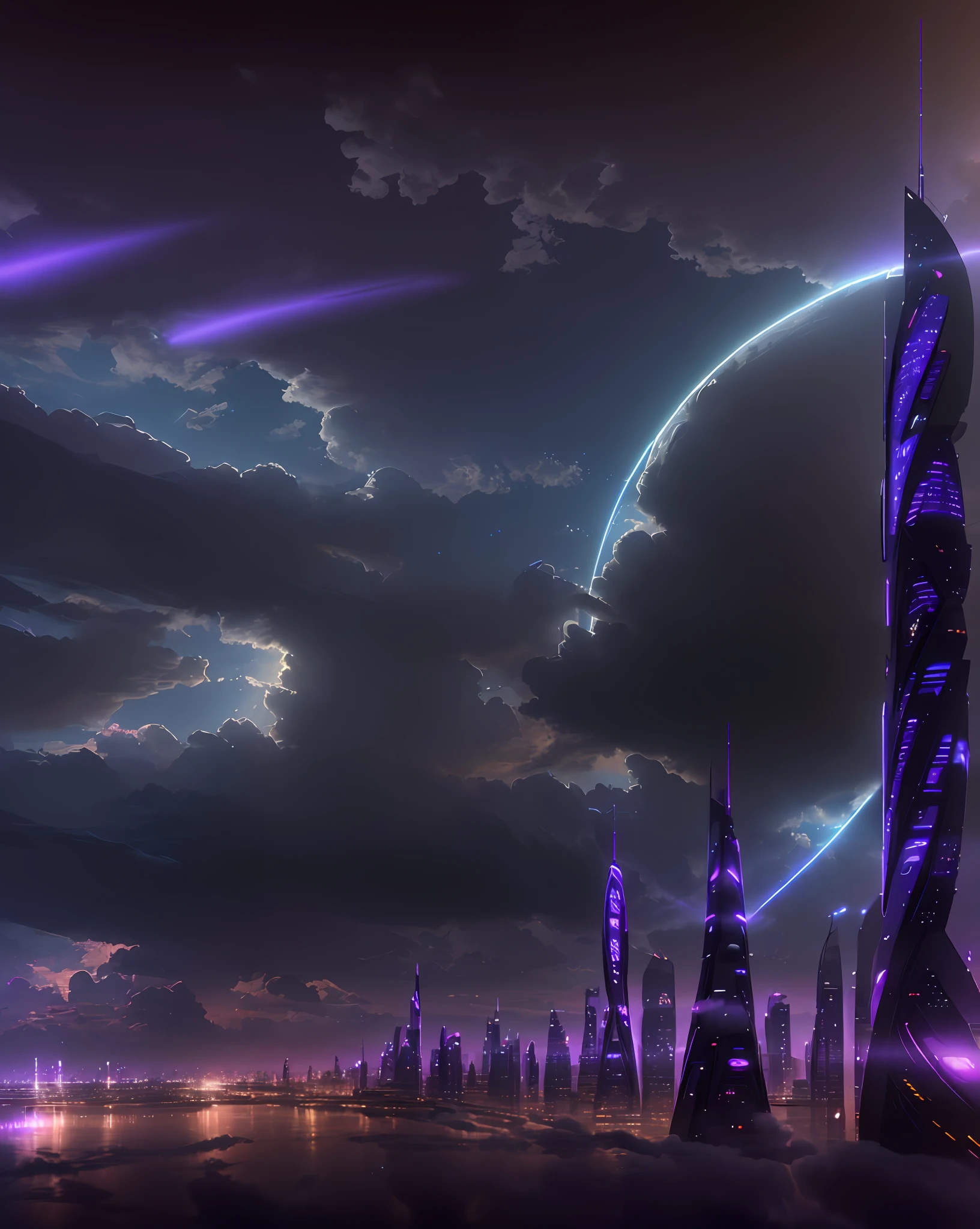 (extremely detailed CG unity 8k wallpaper, masterpiece, futuristic, best quality, ultra-detailed), (best illumination, best shadow, an extremely delicate and beautiful), (dynamic angle), (cityscape outside futuristic window), (futuristic buildings in the distance), (bluish-purple city lights), (wide shot), (cloud reflection), (Volumetric Light)