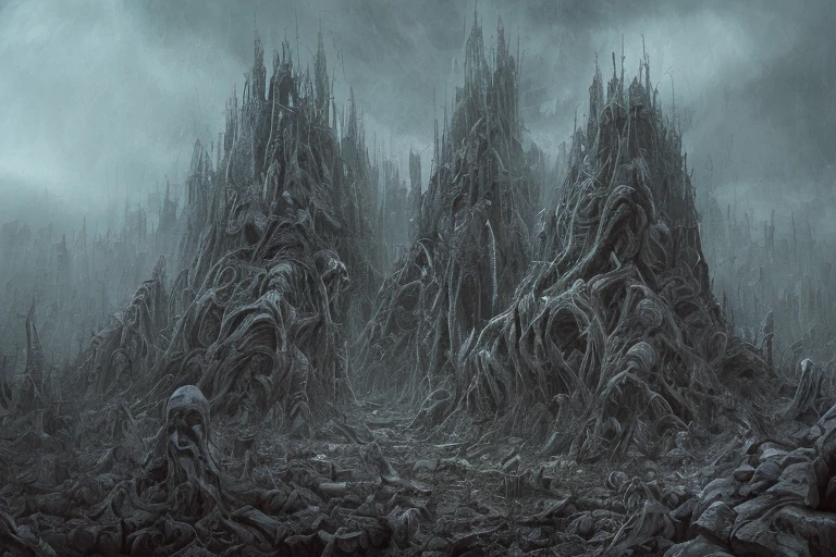 Wide angle of dark valley full of biomechanicals monuments. Creepy spiked monuments. Suffering of souls inside of a hurricane storming. Obscure, dramatic, Apocalyptic vision, Horror art, ultra detailed, intricate perfect illustration, digital painting, color drawing. Hyperdetailed. HR Giger