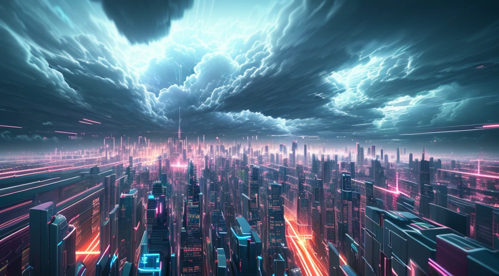 A neon floating city, surrounded clouds, Surrealism, Constructivism, Abstractionism, depth of field, motion blur, chromatic aberration abuse, masterpiece, high details, award winning, 8k