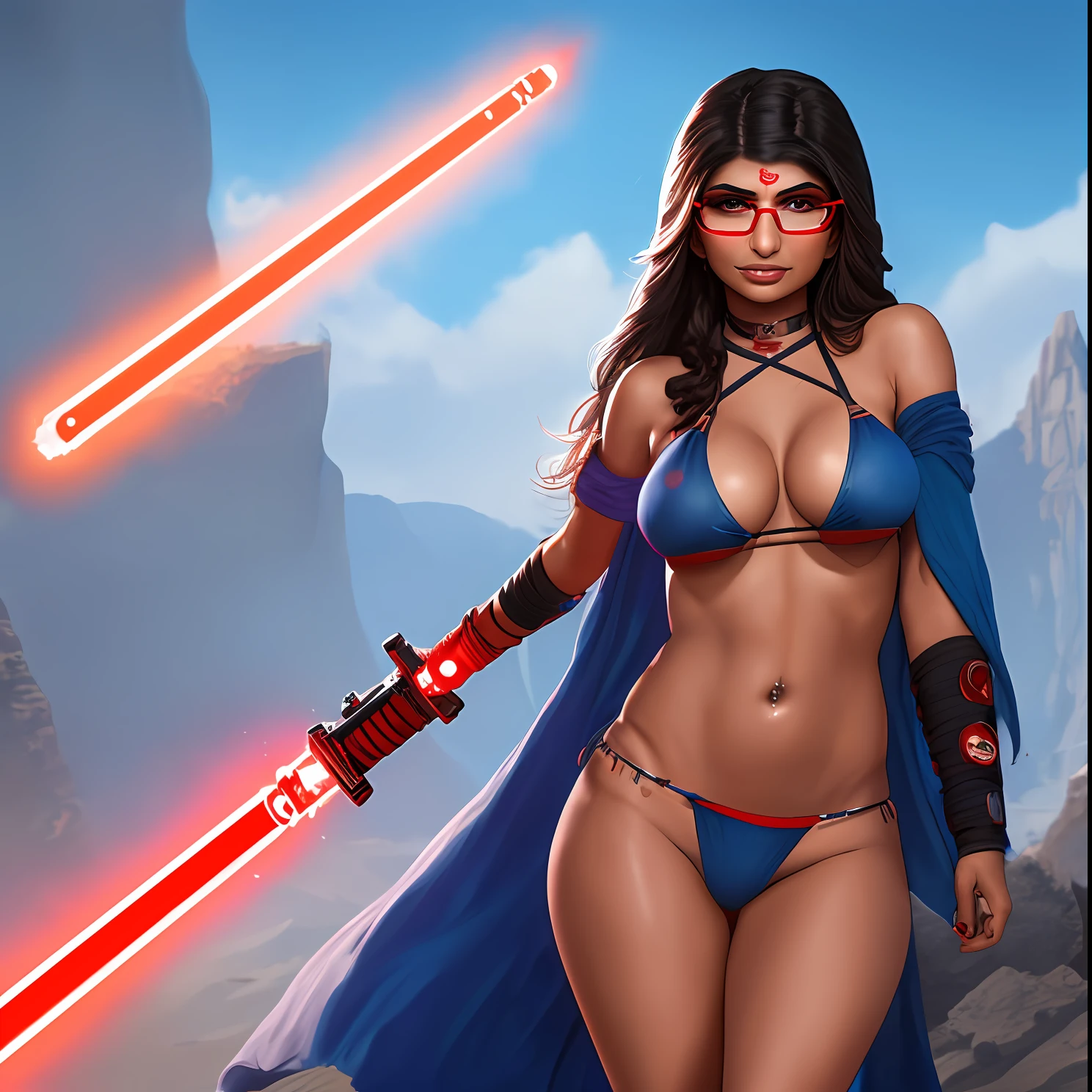 Mia Khalifa, sith, dressed in bikini, holding a red lightsaber in right hand, view of whole body, face makeup blue