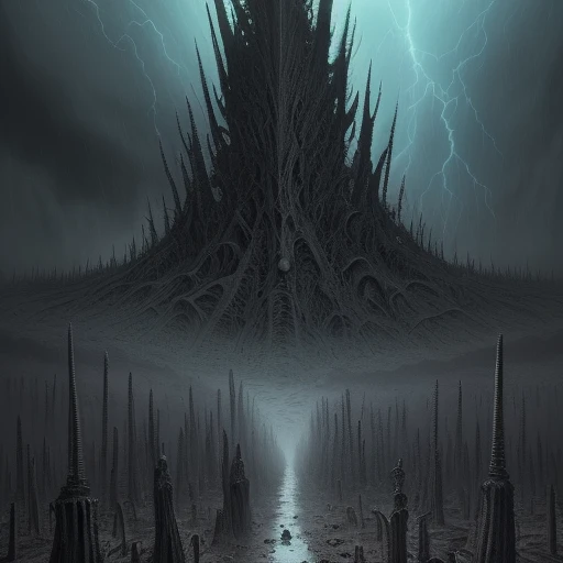 Wide angle of dark valley full of biomechanicals monuments. Creepy spiked monuments. Suffering of souls inside of a hurricane storming. Obscure, dramatic, Apocalyptic vision, Horror art, ultra detailed, intricate perfect illustration, digital painting, color drawing. Hyperdetailed. HR Giger