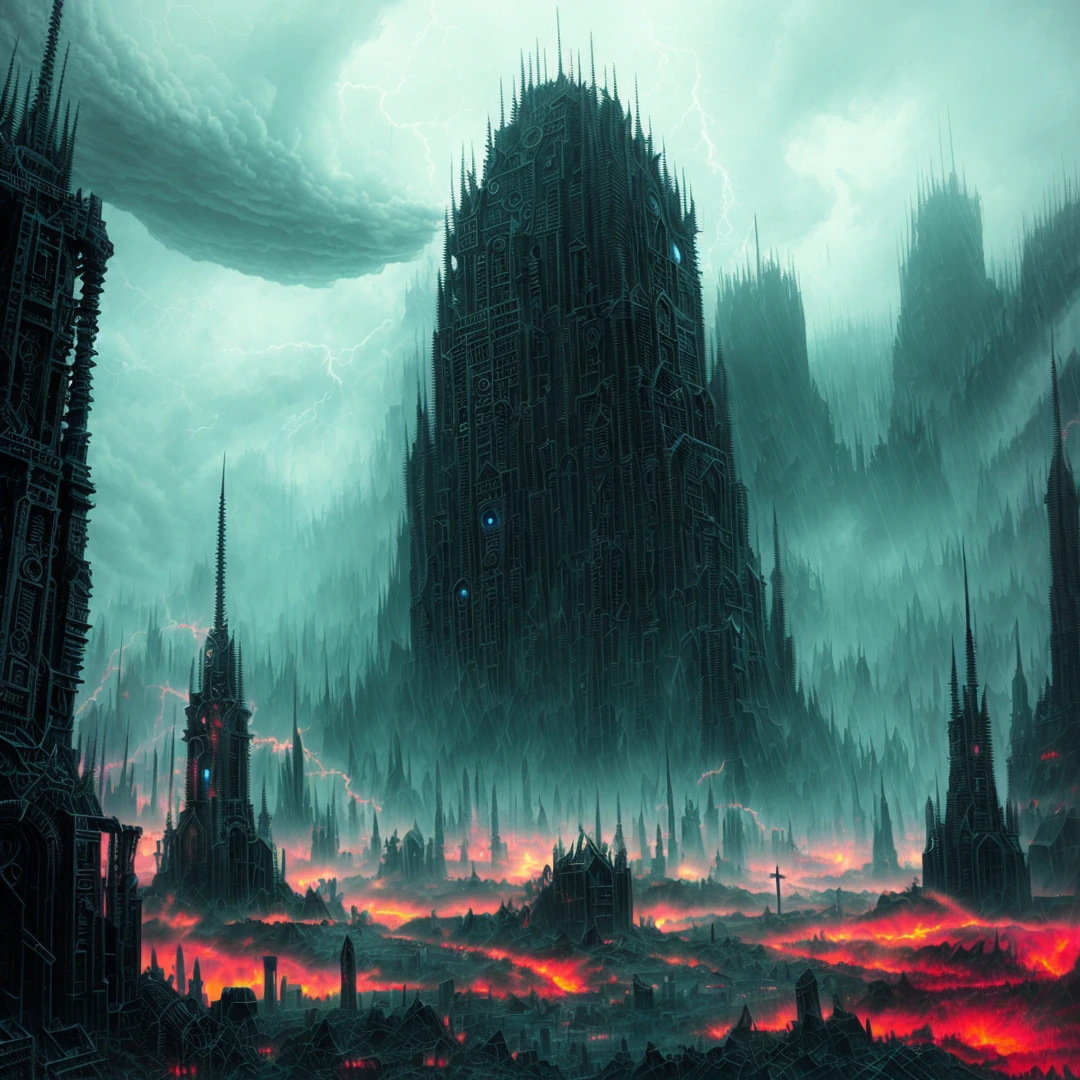 Wide angle of dark valley full of biomechanicals monuments. Creepy spiked monuments. Many souls inside of hurricane storming. Apocalyptic vision, Horror art, ultra detailed, intricate perfect illustration, digital painting, color drawing. Hyperdetailed.