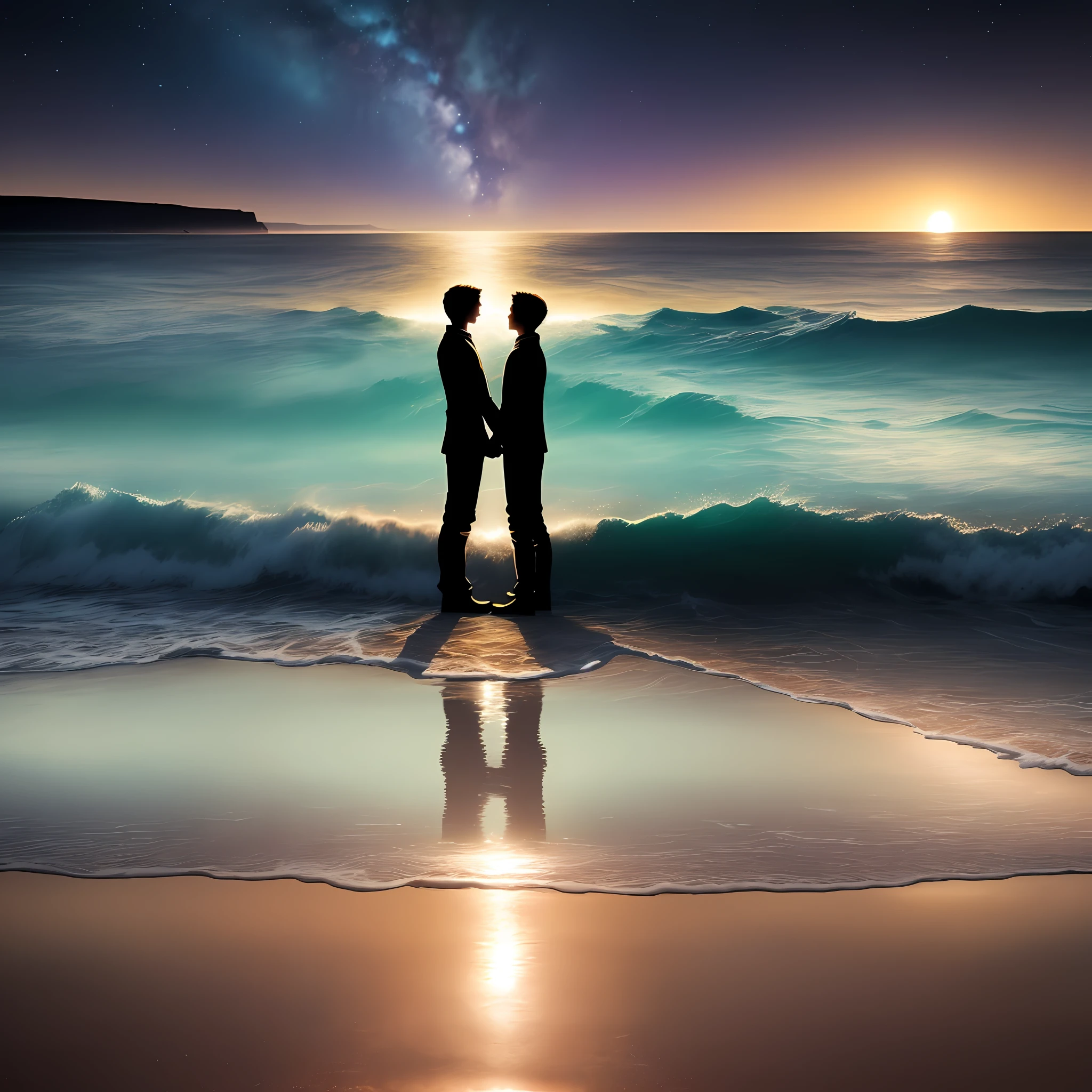 The silhouette of two coast brothers holding each other's hand looking at the horizon that is a universe