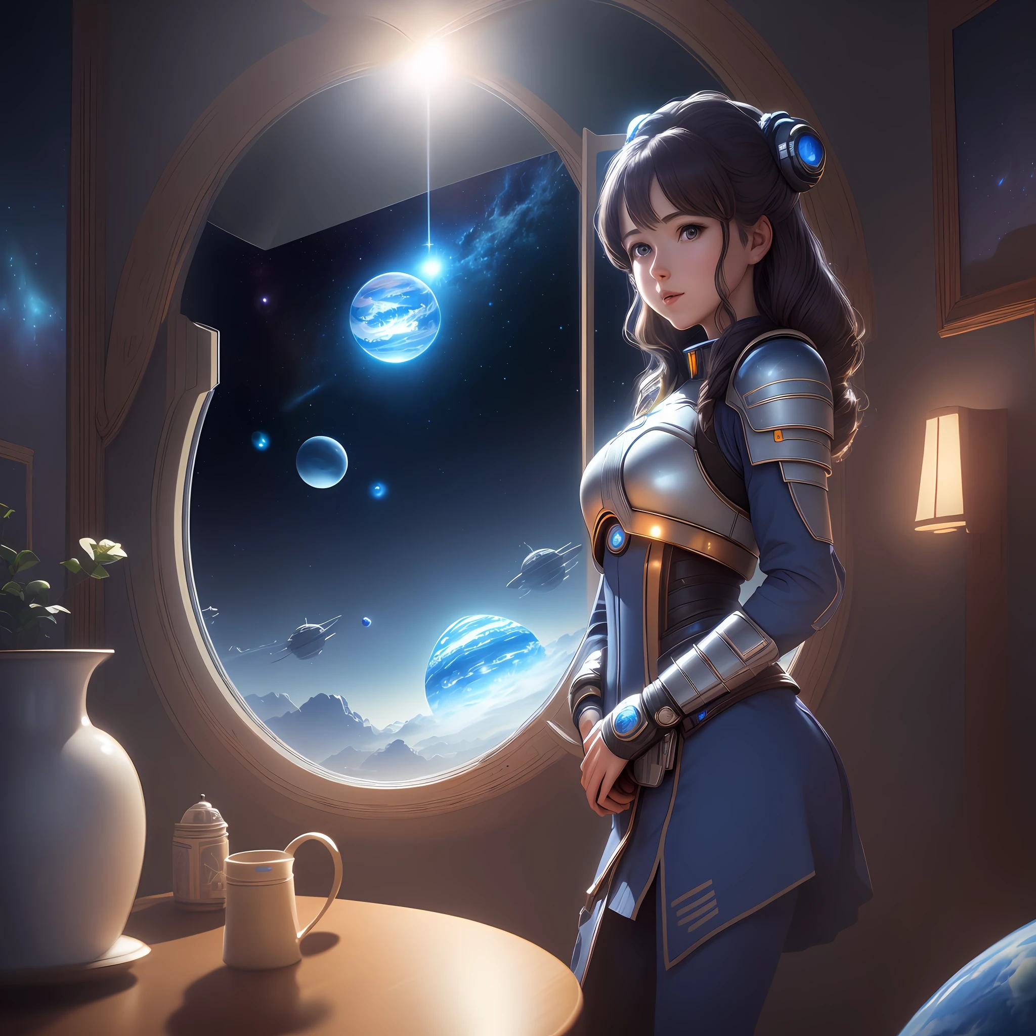 Masterpiece, best quality, (CG wallpaper 8k very detailed), (best quality), (best illustration), (best shadows), spaceship probing a new planet, in the background a blue dwarf star, female commander can be seem on bridge window