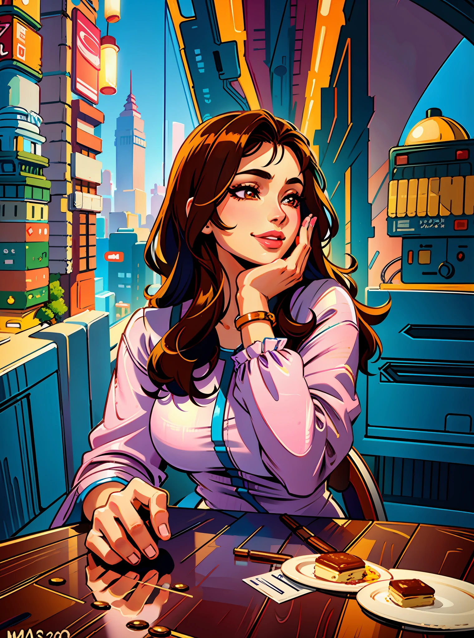 (masterpiece),(best quality:1.0), (ultra highres:1.0), detailed illustration, 1girl, sitting on a chair, coffee shop, modern background, hand on chin, smiling, pretty face, cute anime girl, pretty eyes, brown pupils, detailed eyes with highlights, slight brown hair, detailed hair, slight red lips, detailed lips, pretty lips, pink dress, vibrant, anime style