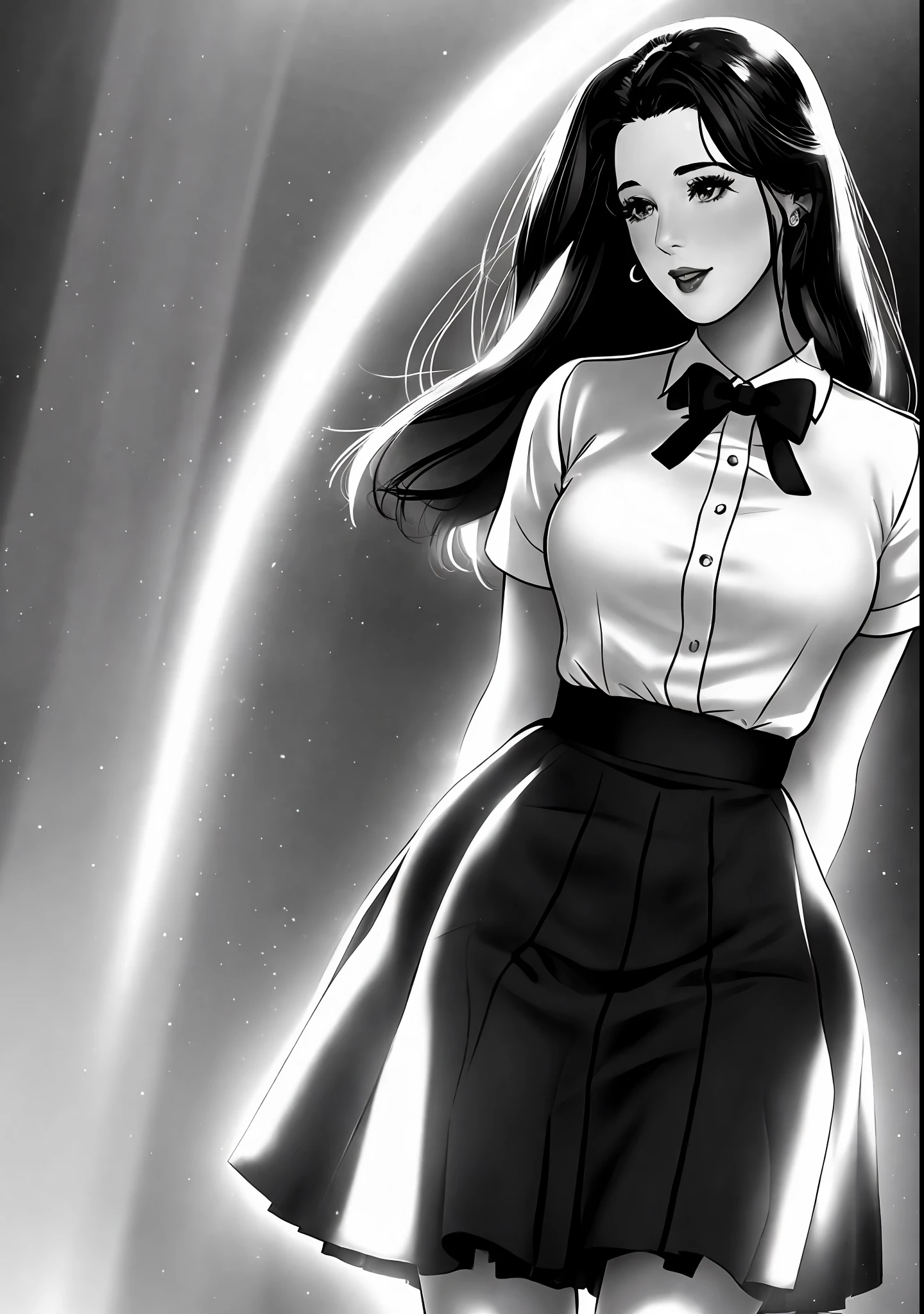 ((40s fashion), black and white),(romantic lighting+soft focus),(charismatic jazz singer),(standing in the spotlight),(adorable+entrancing) emotion, mini skirt, school uniform