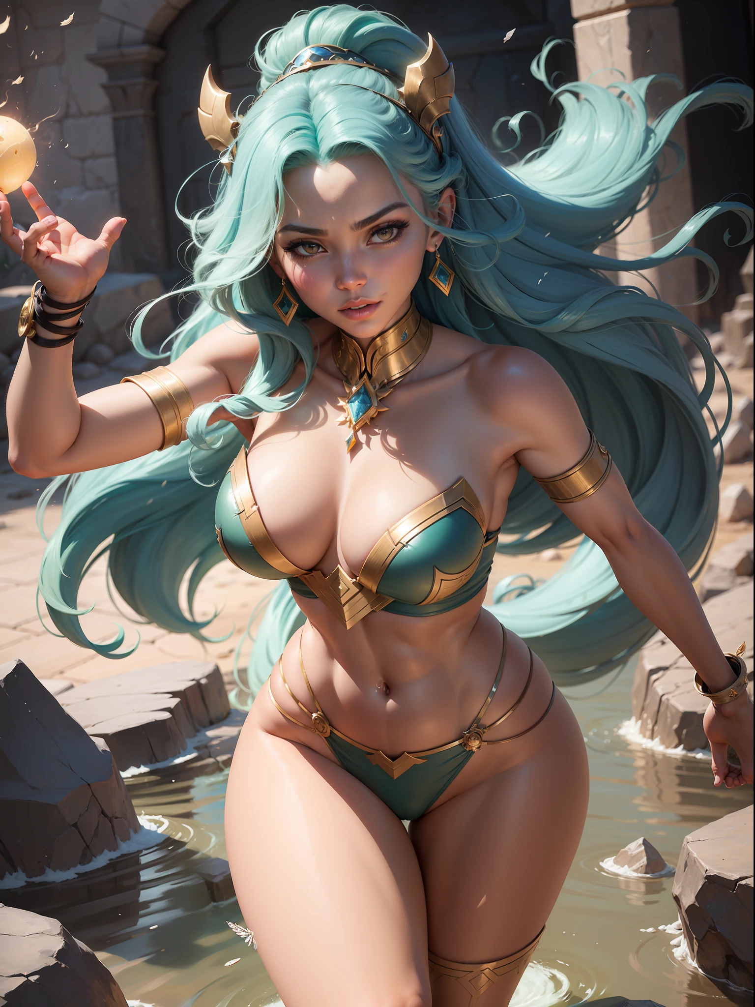 Qiyana is a spectacular and powerful assassin, hailing from Iktatia, the land where the elements rule. She is the heiress to the throne and the consummate master of the stone.
Qiana's appearance epitomizes her power and unwavering confidence. She has an elegant figure and charismatic appearance. У нее белые волоосы по плечи. She is dressed in a bright, practical and fashionable outfit that reflects her regality and passionate nature. The main element that Qiana wields is stone. She is able to manipulate the elements of earth, water, and plants using a special artifact, the stone of the throne. Because of these abilities, Kiana is able to inflict great damage on her enemies and dodge attacks masterfully. In battle, Qiana displays her strength and cunning, seeking to destroy her enemies with efficiency and elegance. She possesses a unique set of abilities that allow her to deal wide-area damage, cast elemental effects and create devastating combinations of attacks. Qiyana also has her own story and personality. She strives for power and glory, and is willing to do whatever it takes to achieve her goals. She is charismatic and confident in her abilities, but sometimes her hubris and desire for dominance can lead to conflicts with other heroes and characters. detailed face, detailed hands, detailed legs, detailed fingers, detailed hair, detailed eyes, detailed skin, dynamic lighting, (photorealistic:1.4), 8k uhd, (hyper realistic), (photo realistic), (masterpiece), (best quality)