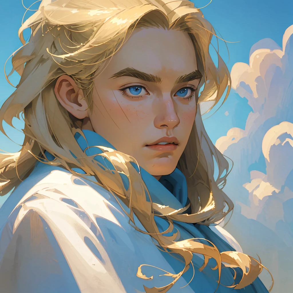 masterpiece, best quality, realistic, 1man, male focus, mature, tall muscular, handsome, [thick eyebrows], portrait, extremely detailed face, (blonde hair), (long hair), casual clothes, blue sky