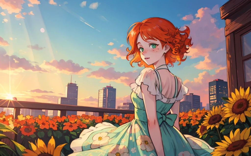 masterpiece portrait of a woman in Montreal at dawn, cute orange curly hair, green eyes, freckles, floral print, dress, dawn, neon, rays of light, caustic, lens reflection, ((solo)), ishmael_limbus