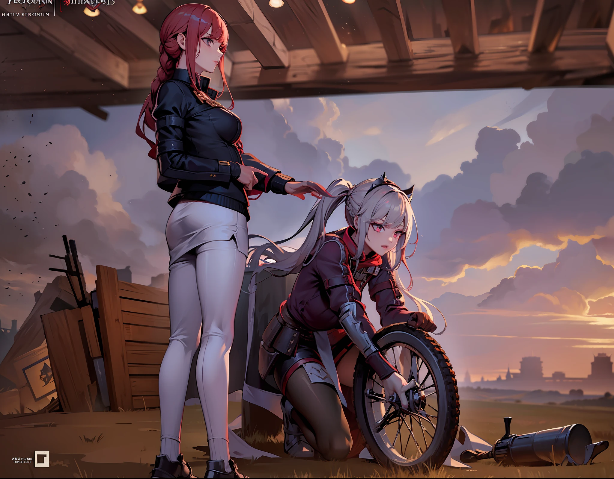 (Masterpiece:1.2), (best quality:1.2), perfect eyes, perfect face, perfect lighting, 1girl, mature woman on a battlefield, absurdly long red hair, crown braid, war_glam, armor, leather skirt, scars, fantasy, detailed background