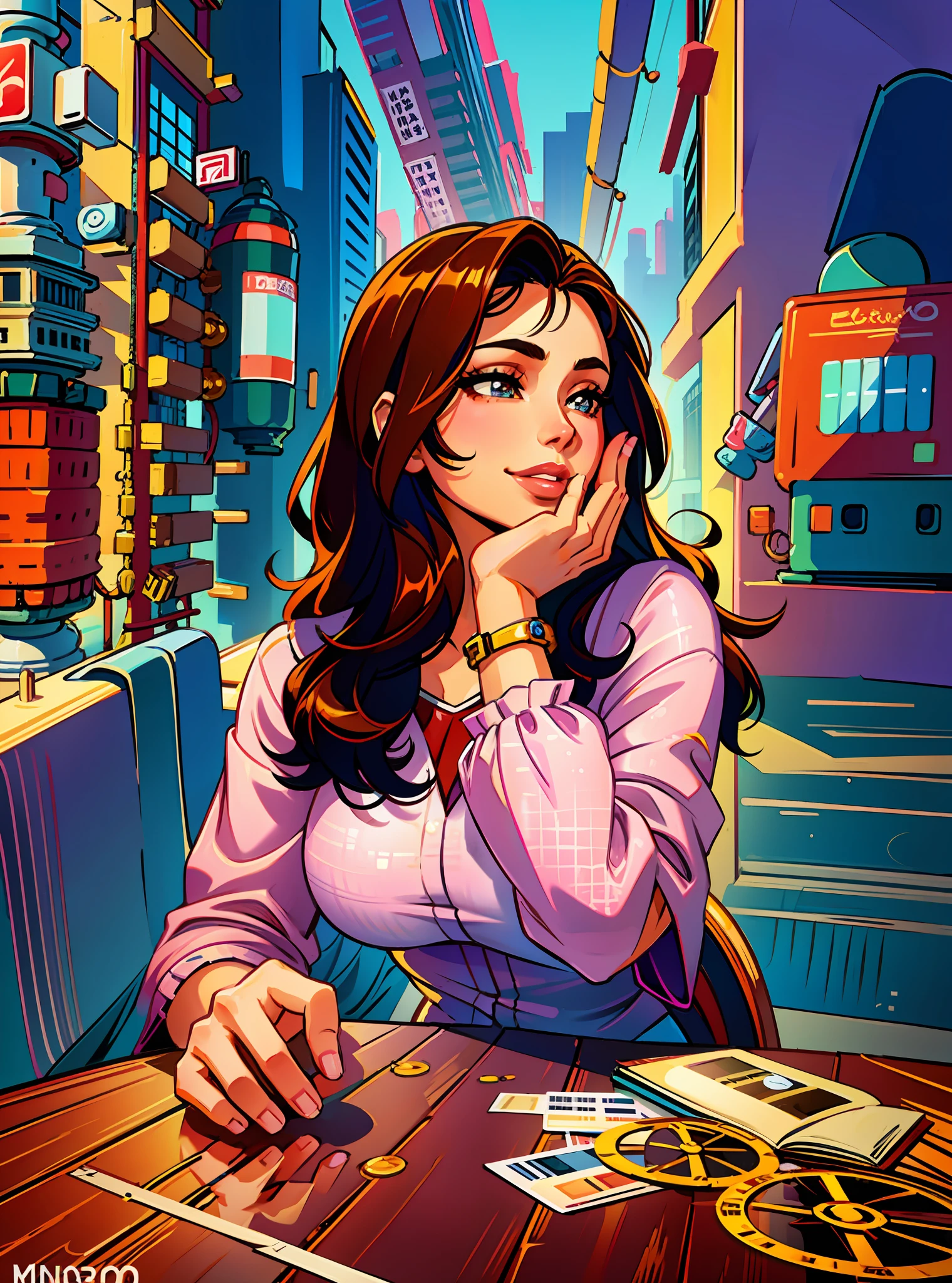 (masterpiece),(best quality:1.0), (ultra highres:1.0), detailed illustration, 1girl, sitting on a chair, coffee shop, modern background, hand on chin, smiling, pretty face, cute anime girl, pretty eyes, brown pupils, detailed eyes with highlights, slight brown hair, detailed hair, slight red lips, detailed lips, pretty lips, pink dress, vibrant, anime style