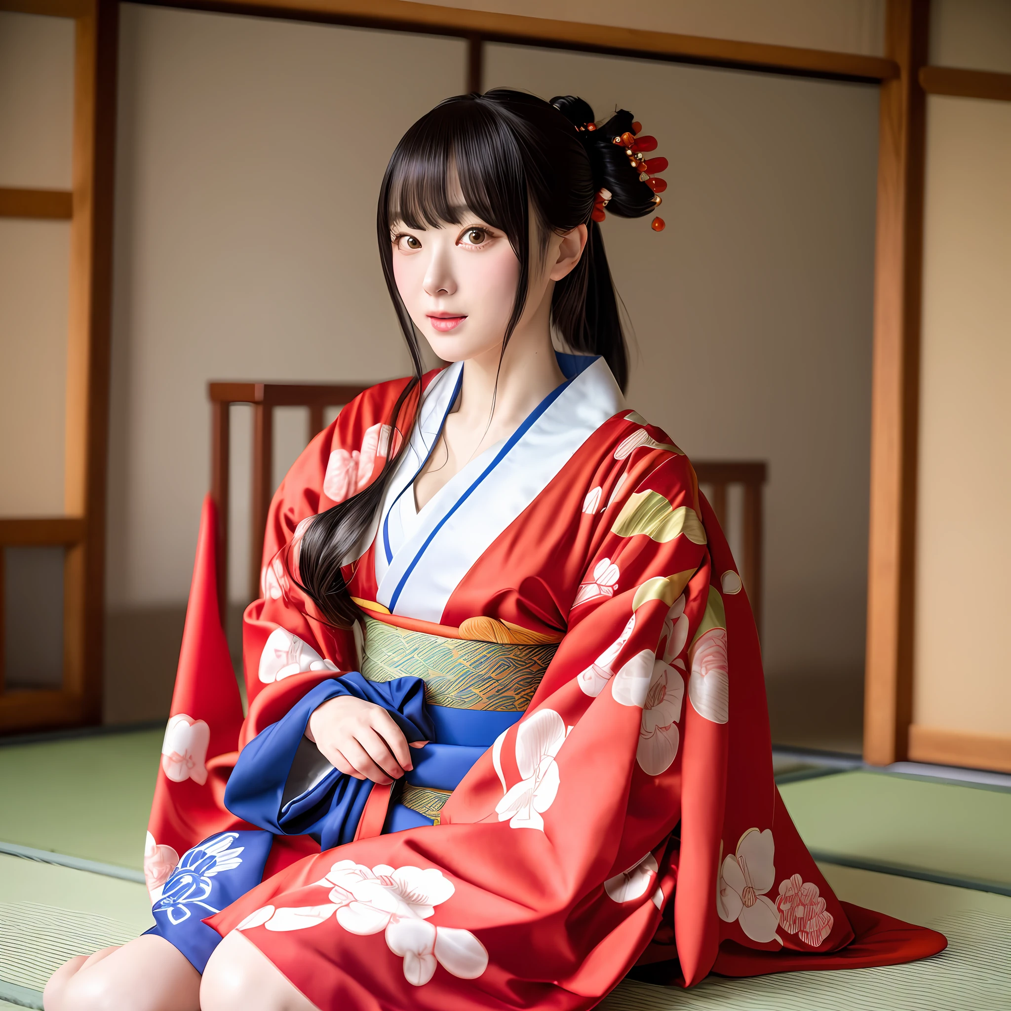 araffe in a kimono sitting on the floor with a red robe, anime girl cosplay, ayaka cosplay, in kimono, anime cosplay, shikamimi, cosplay, cosplay photo, japaneese style, in a kimono, japanese kimono, anime girl in real life, inspired by Nishikawa Sukenobu, anime goddess, red kimono, 8k, top quality, masterpiece:1.2), (realistic, photo-realistic:1.37), top quality, masterpiece,