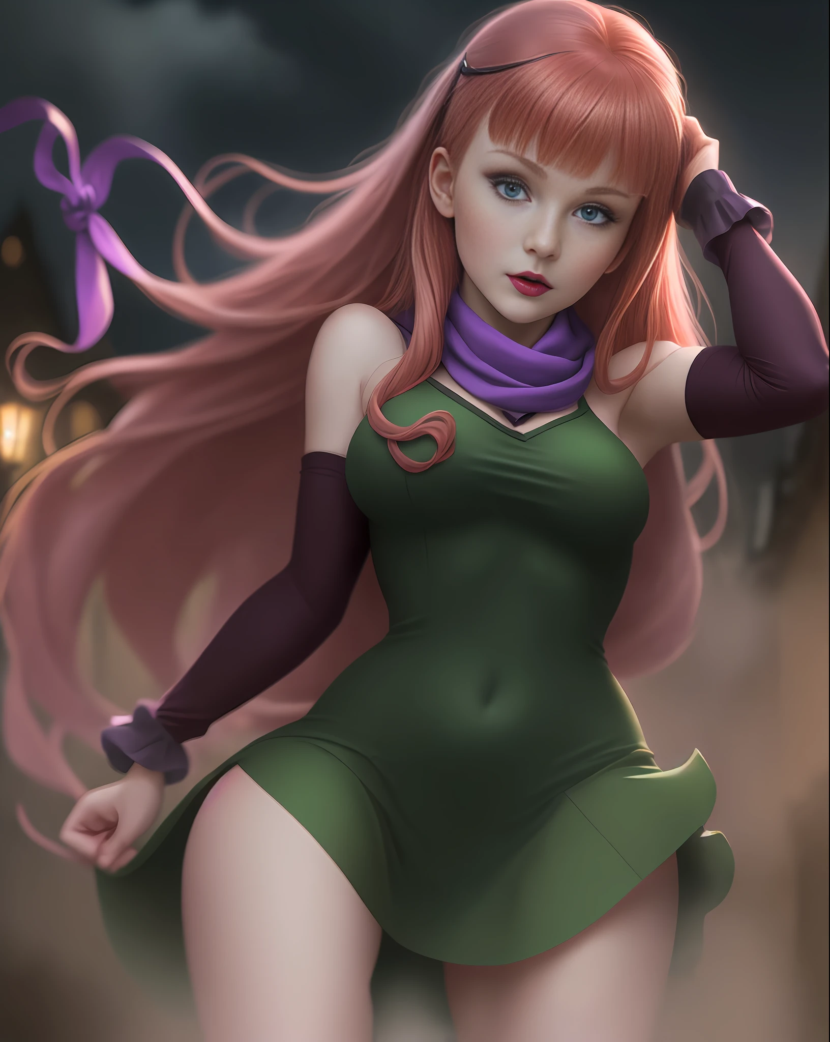 A young woman, patrician, Daphne Blake from the Scooby Doo anime, western facial features, blue eyes, pink lipstick, natural red hair at shoulder height, a green scarf, short dress and glued purple color, purple shoes, slender and elegant, very sensual, posing for photo, large breasts, innocent look, cute, eye makeup only with black pencil,  short purple glove, fog, dark, 3 a.m., cloudy night, horror weather, dawn, village at night, suspense, (masterpiece, blurred background, natural lighting, depth of field, ultra detailed and realistic photography, 100mm lens), portrait style